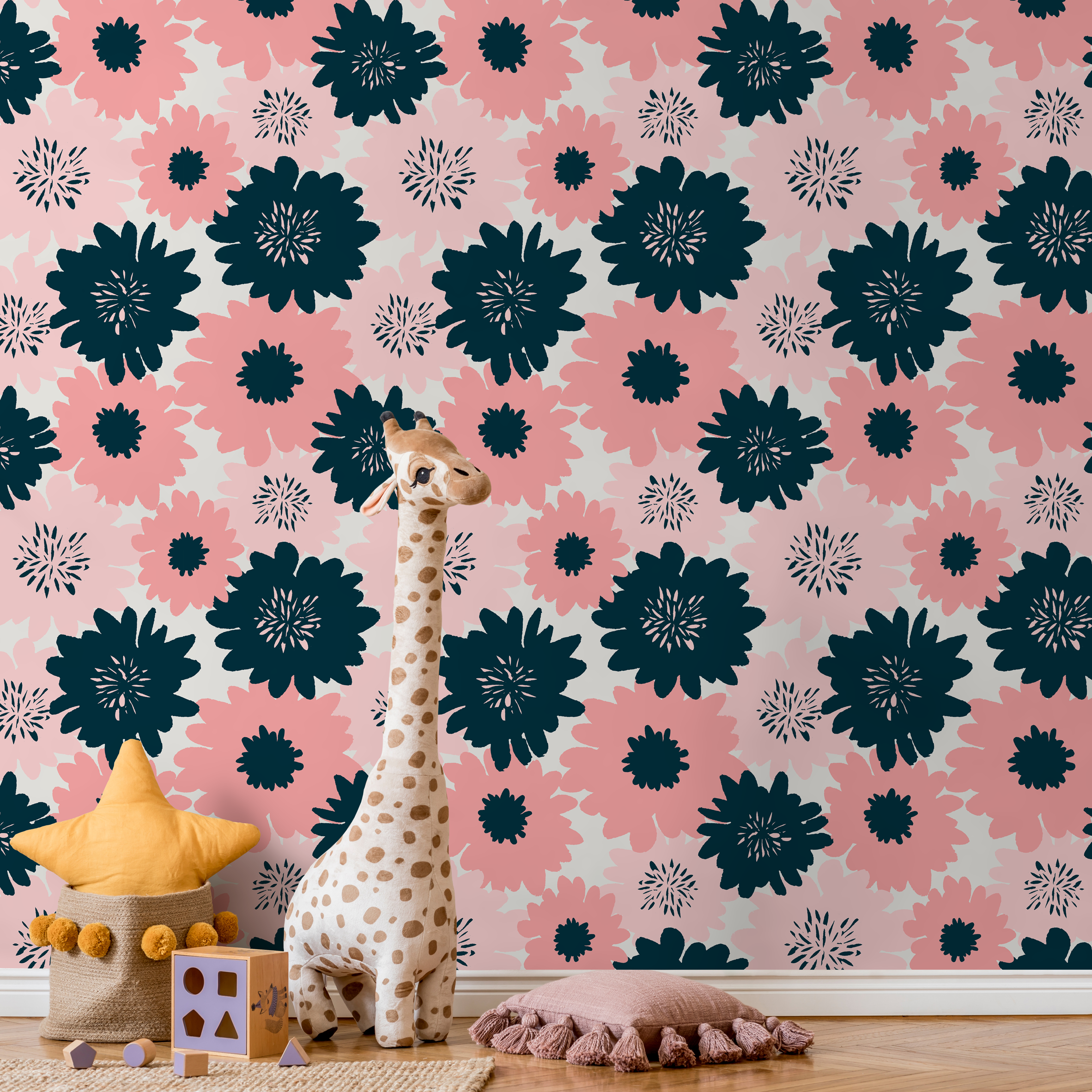 Floral Wallpaper Featuring Bold Graphic Blooms In Navy Blue And Pink - B373