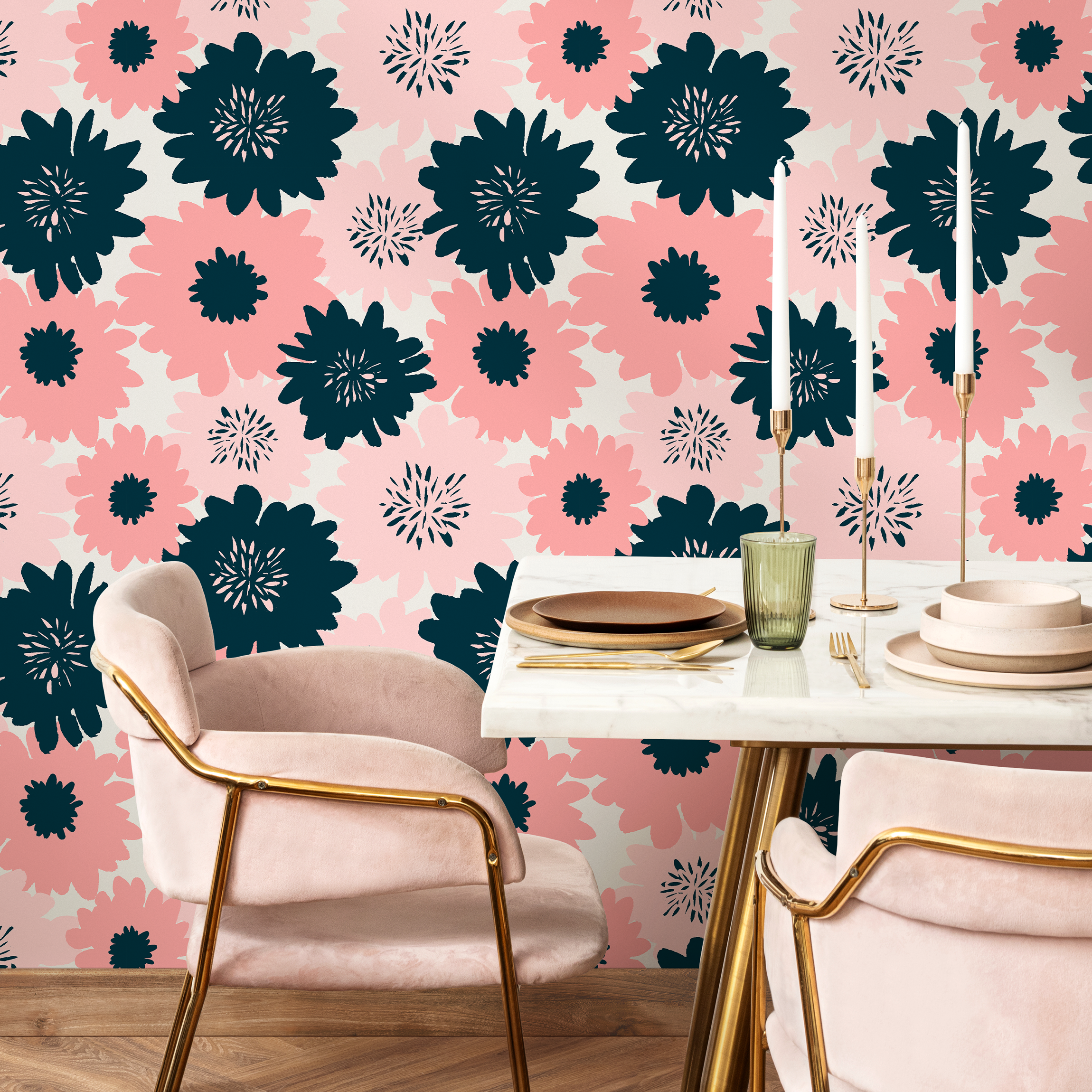Floral Wallpaper Featuring Bold Graphic Blooms In Navy Blue And Pink - B373