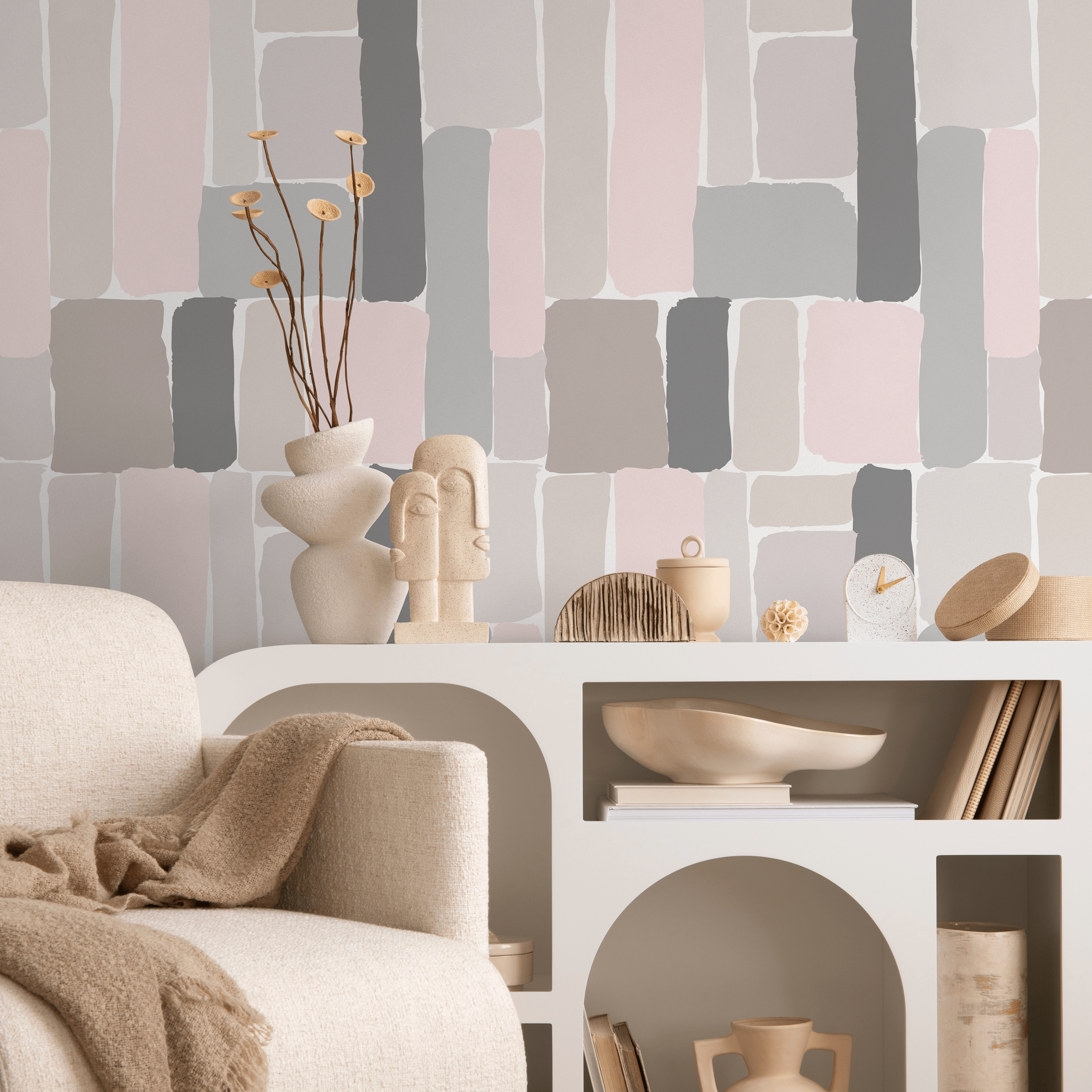 Abstract Wallpaper With Painterly Blocks In Pink, Gray, And Taupe - B375