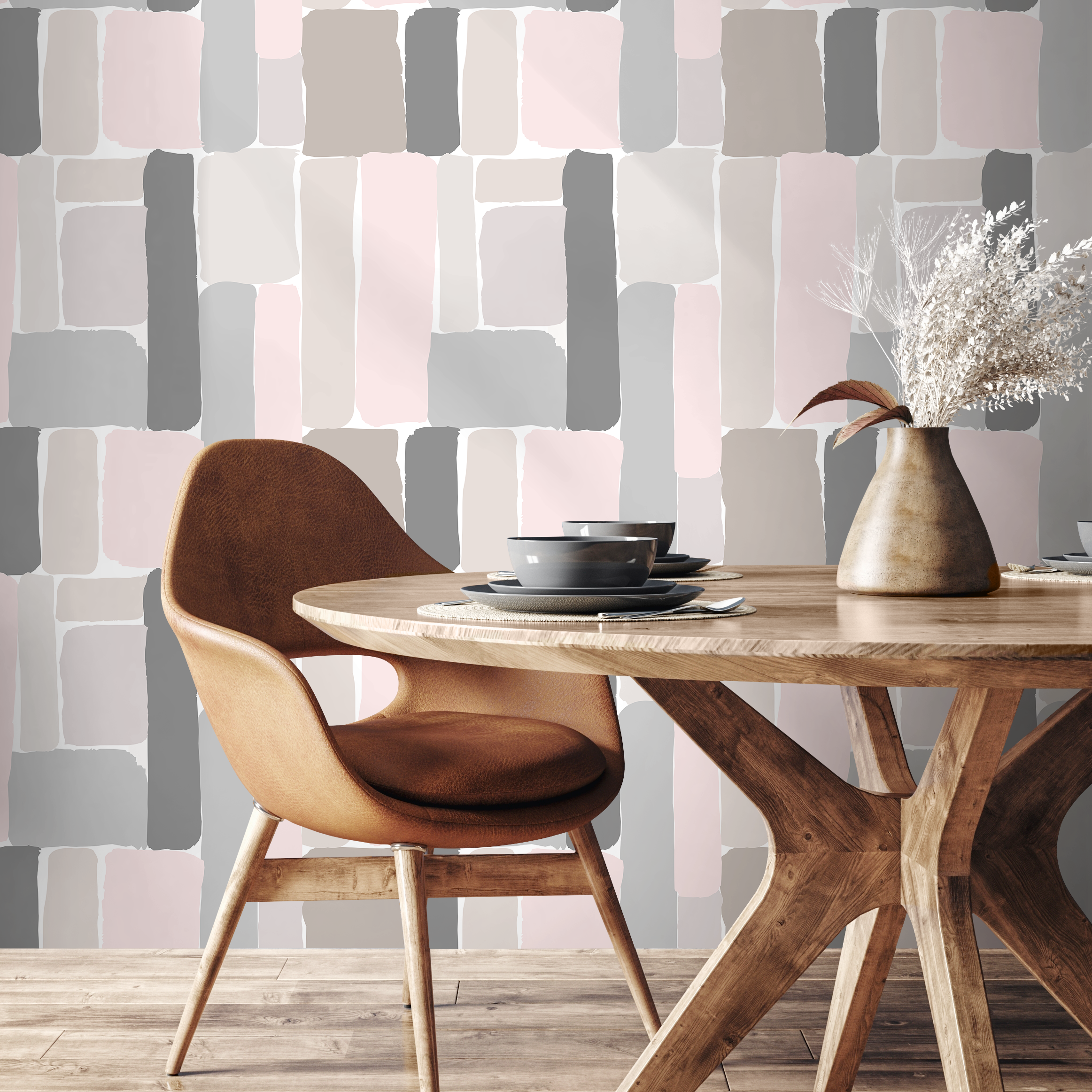 Abstract Wallpaper With Painterly Blocks In Pink, Gray, And Taupe - B375