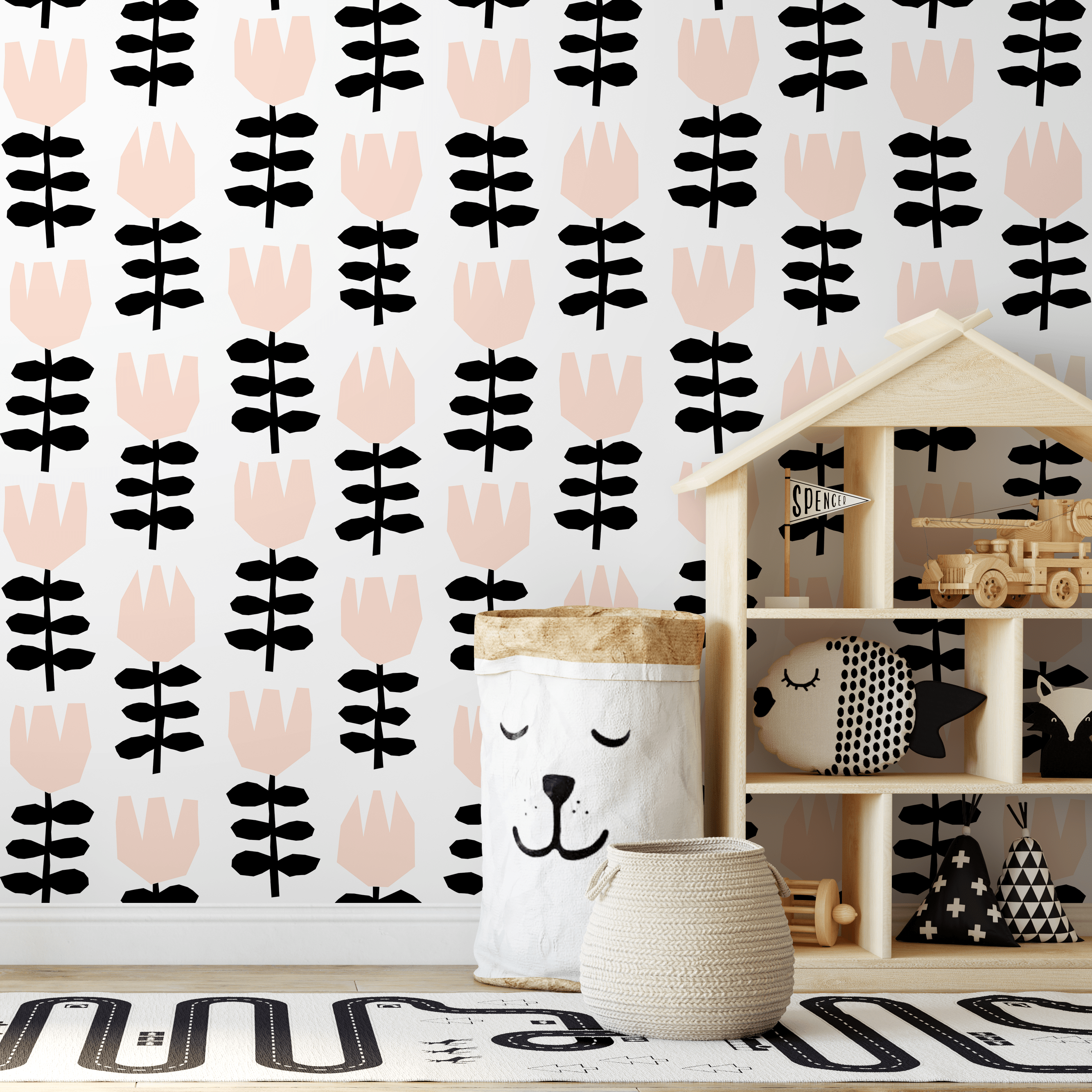 Floral Wallpaper Featuring Stylized Tulips In Pink And Black - B376