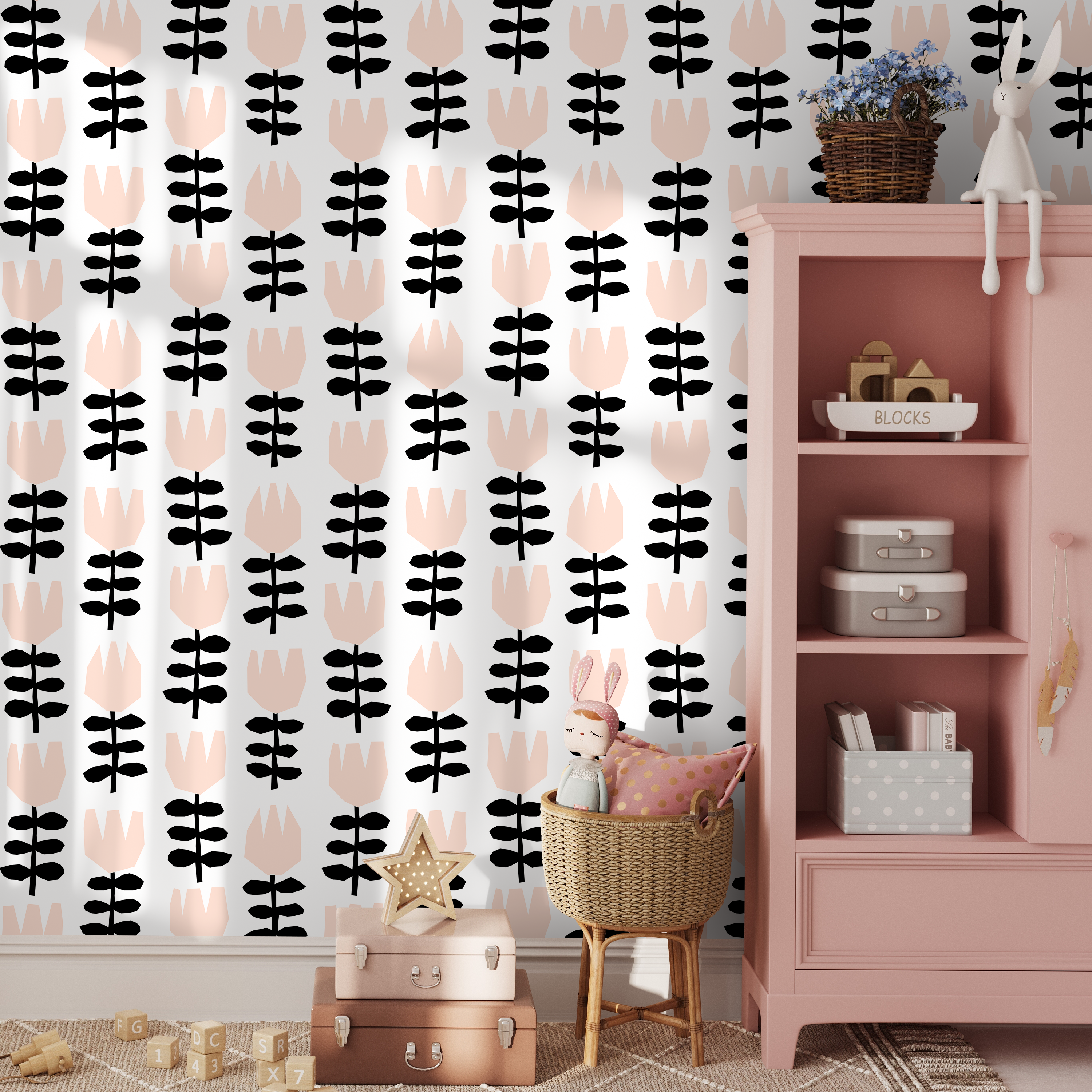 Floral Wallpaper Featuring Stylized Tulips In Pink And Black - B376