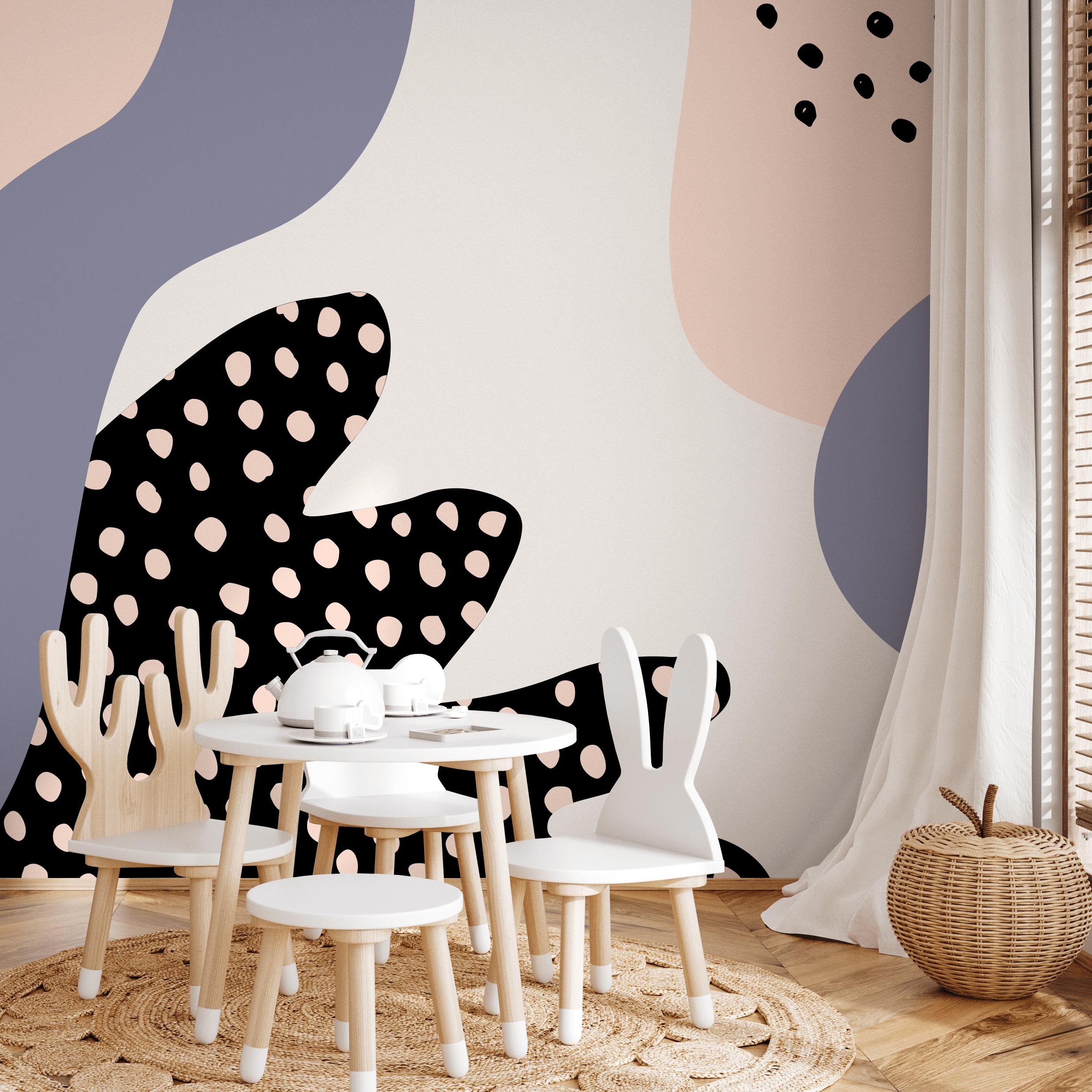 Abstract Mural Wallpaper With Organic Forms In Pink, Blue, And Black - B377