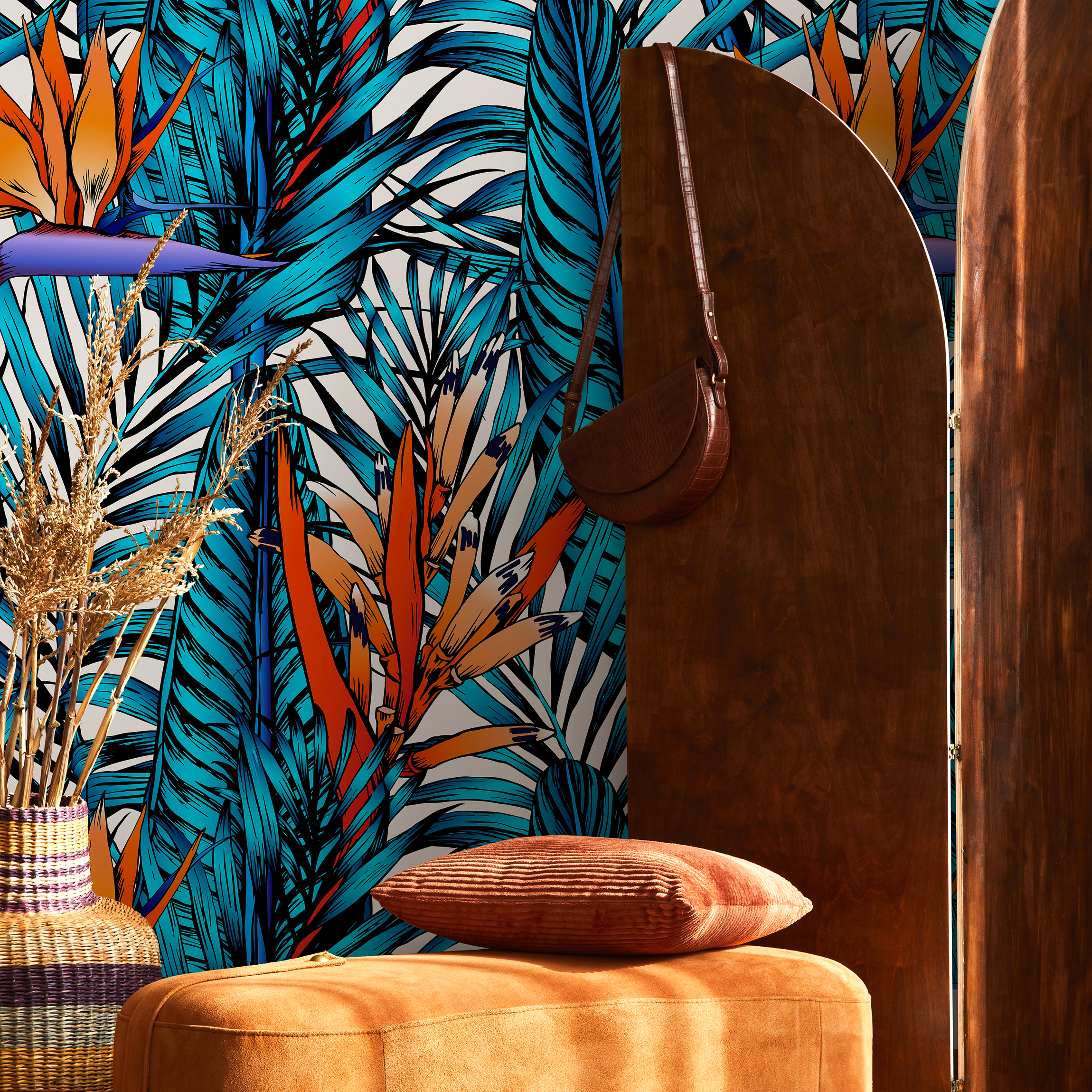 Tropical Wallpaper With Birds Of Paradise In Blue, Orange, And Purple - B379