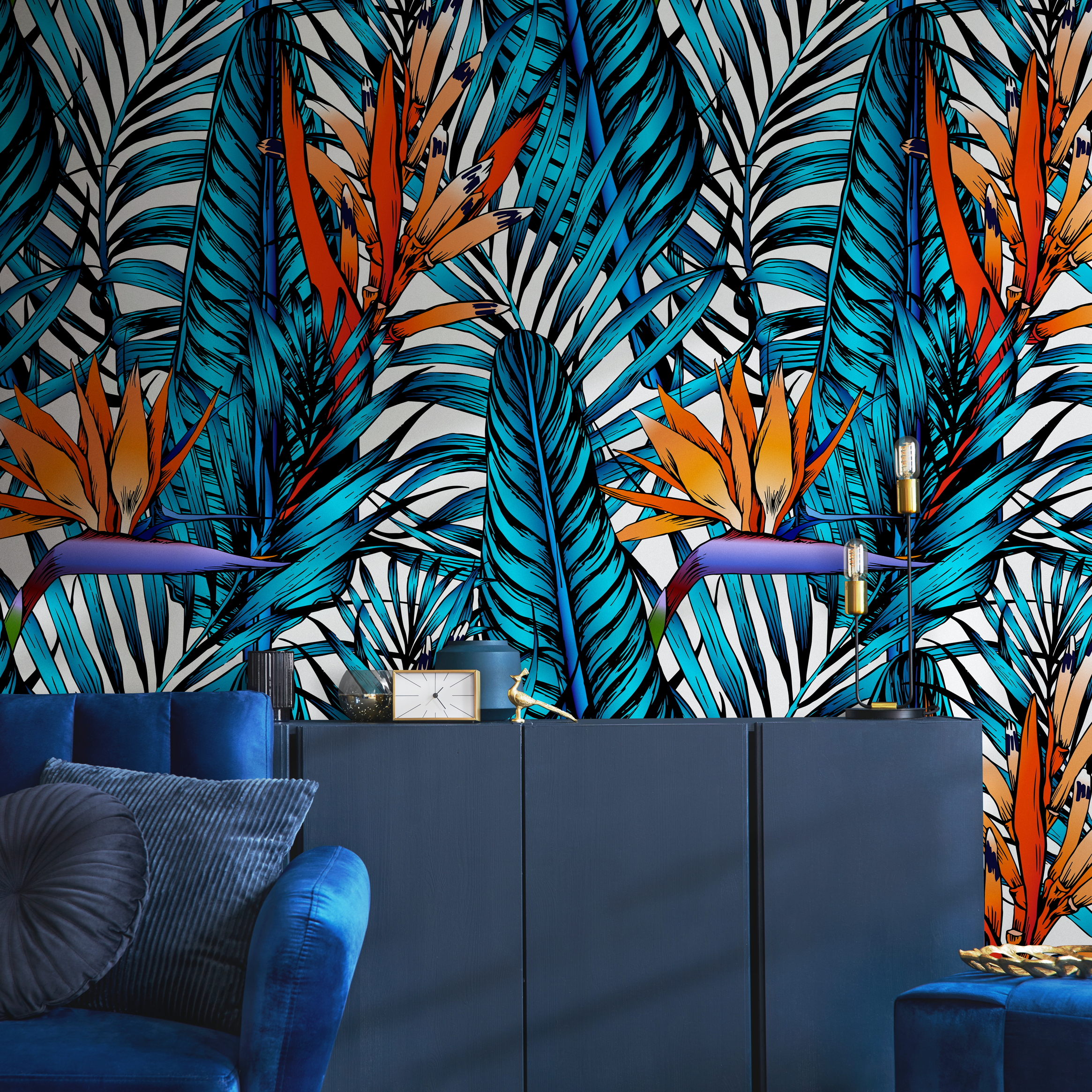 Tropical Wallpaper With Birds Of Paradise In Blue, Orange, And Purple - B379