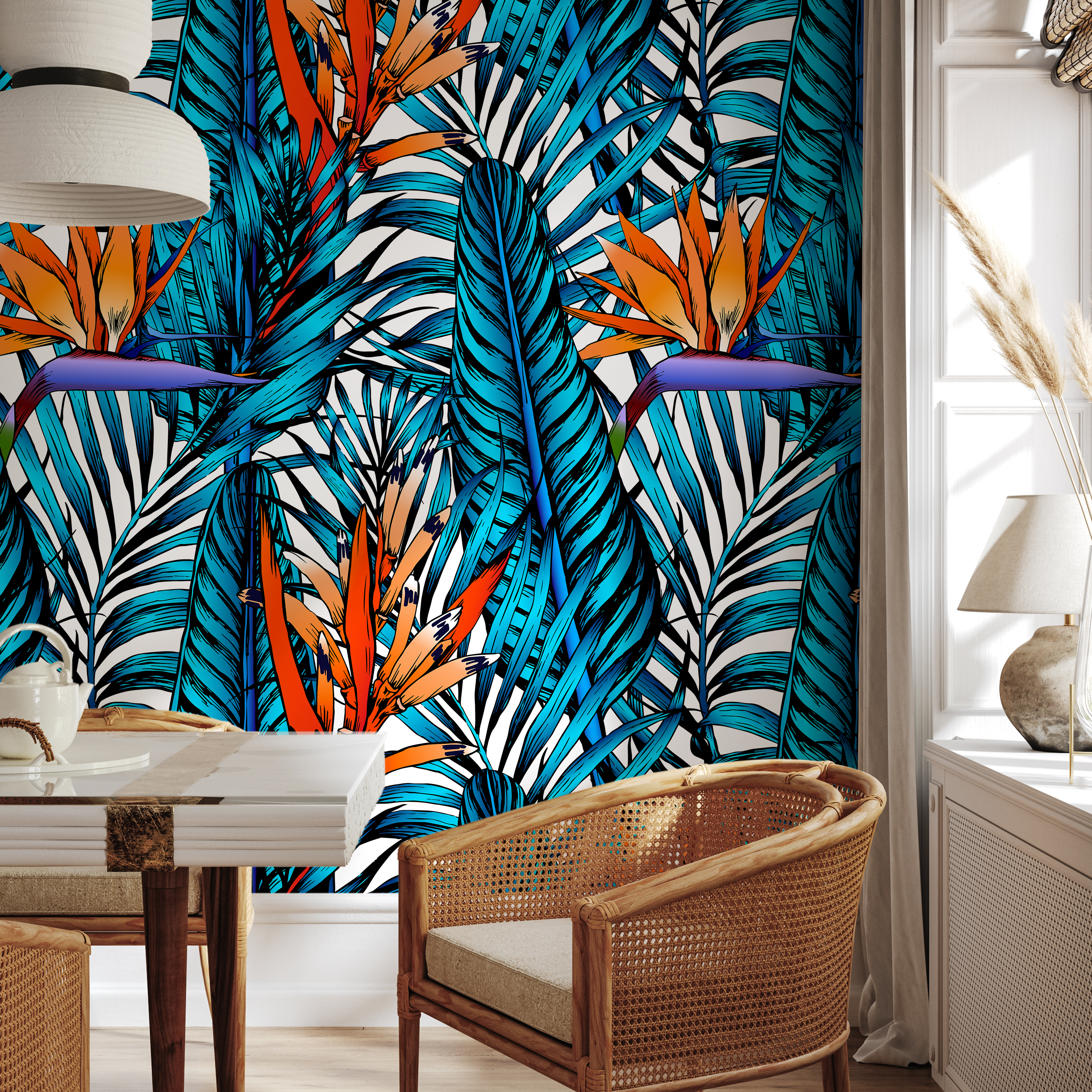 Tropical Wallpaper With Birds Of Paradise In Blue, Orange, And Purple - B379