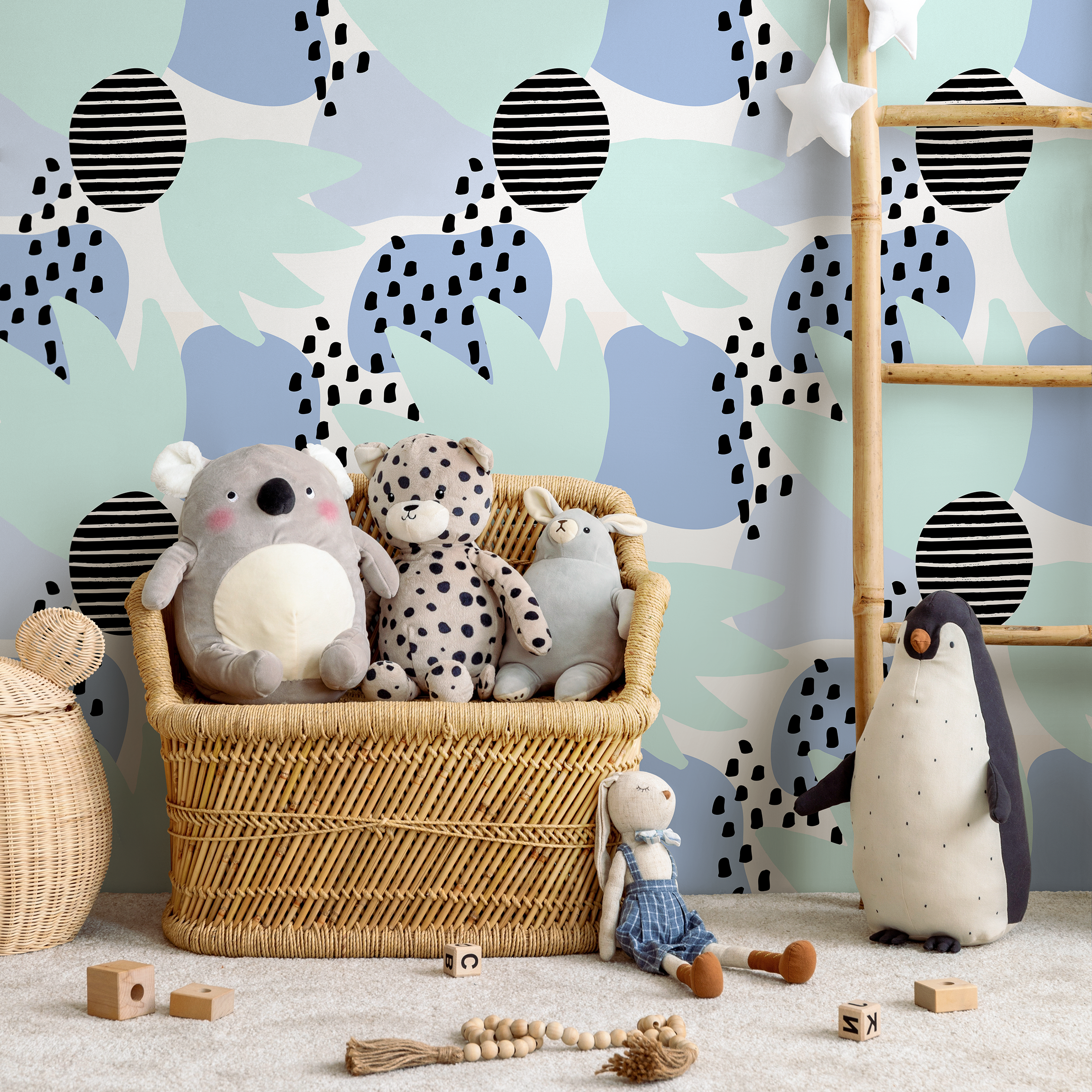 Abstract Wallpaper With Modern Shapes And Dots In Blue, Green, And Black - B380