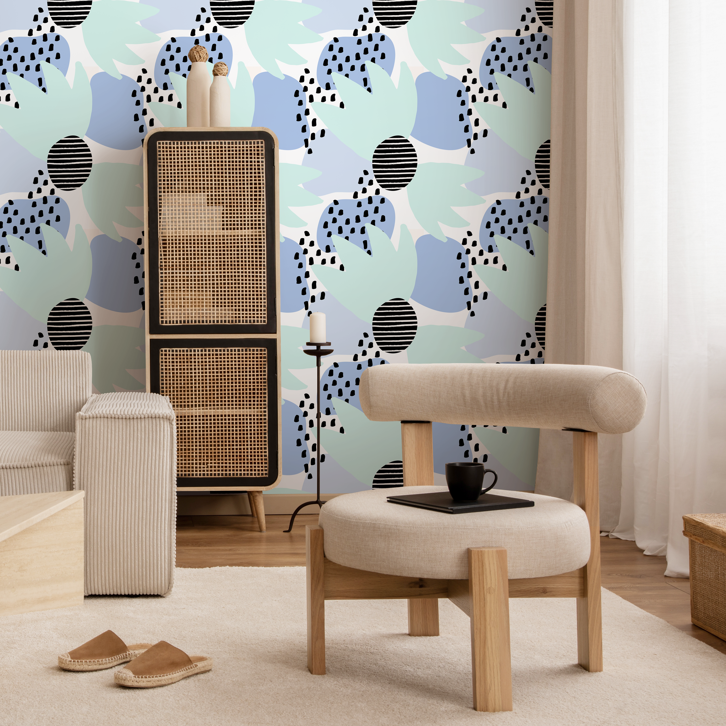 Abstract Wallpaper With Modern Shapes And Dots In Blue, Green, And Black - B380