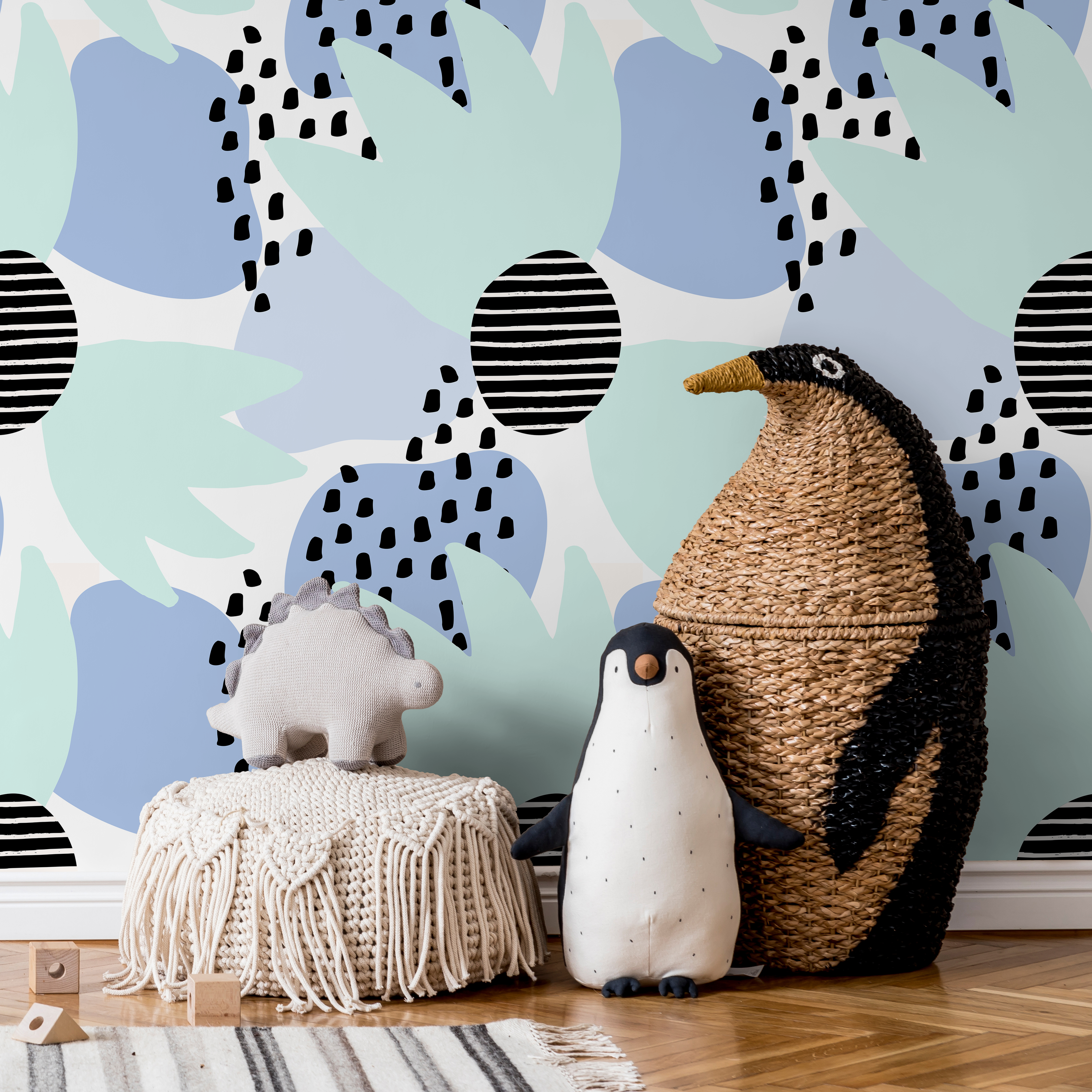 Abstract Wallpaper With Modern Shapes And Dots In Blue, Green, And Black - B380