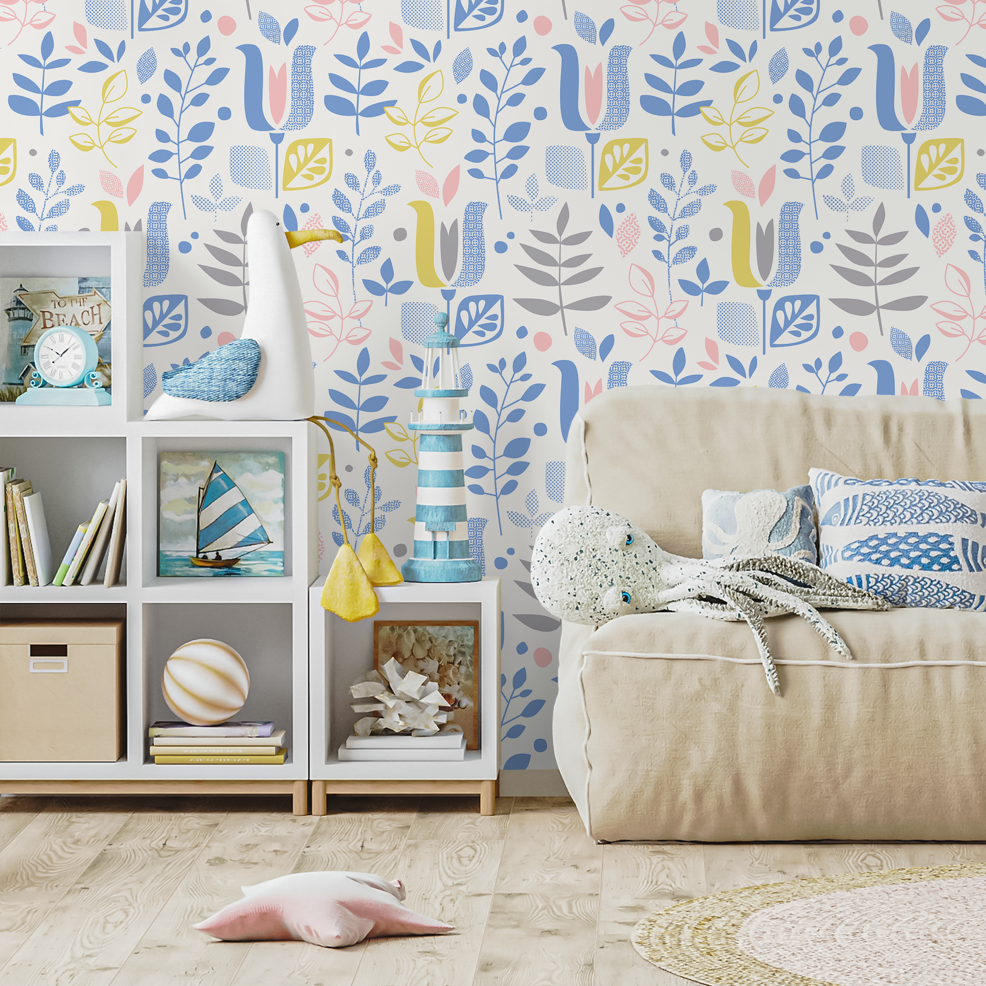 Scandinavian Wallpaper Featuring Abstract Leaves In Blue, Yellow, And Pink - B384
