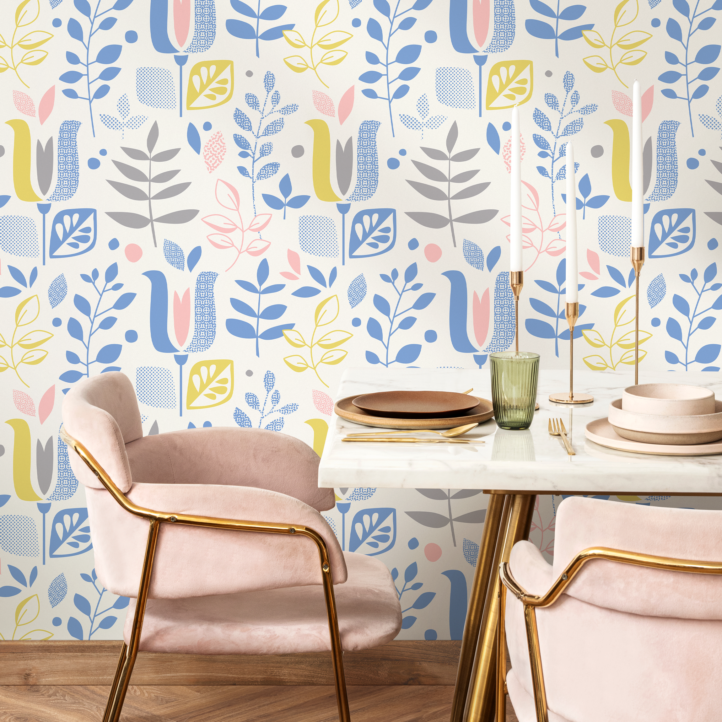 Scandinavian Wallpaper Featuring Abstract Leaves In Blue, Yellow, And Pink - B384