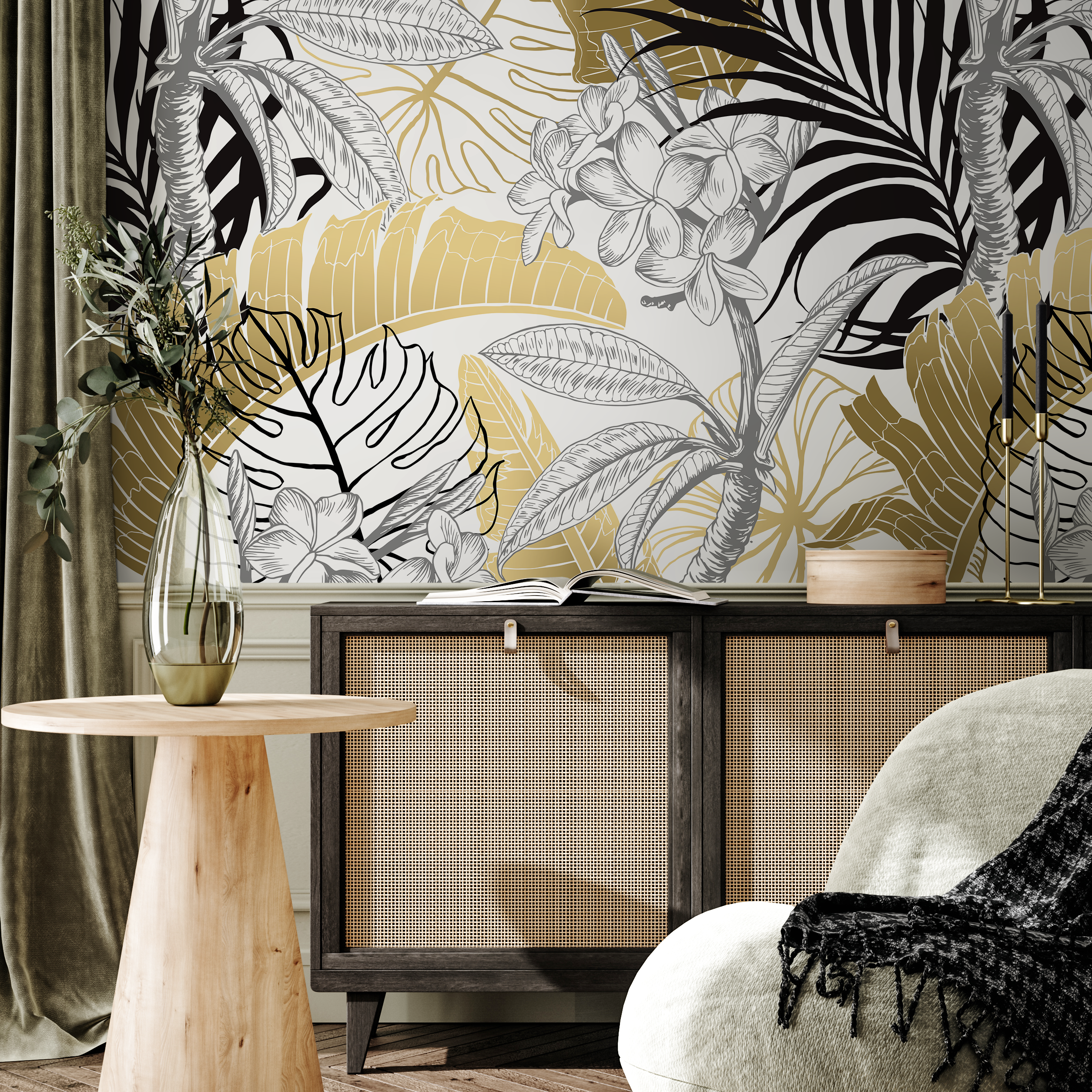 Tropical Wallpaper Featuring Bold Jungle Leaves In Gold, Black, And Grey - B387