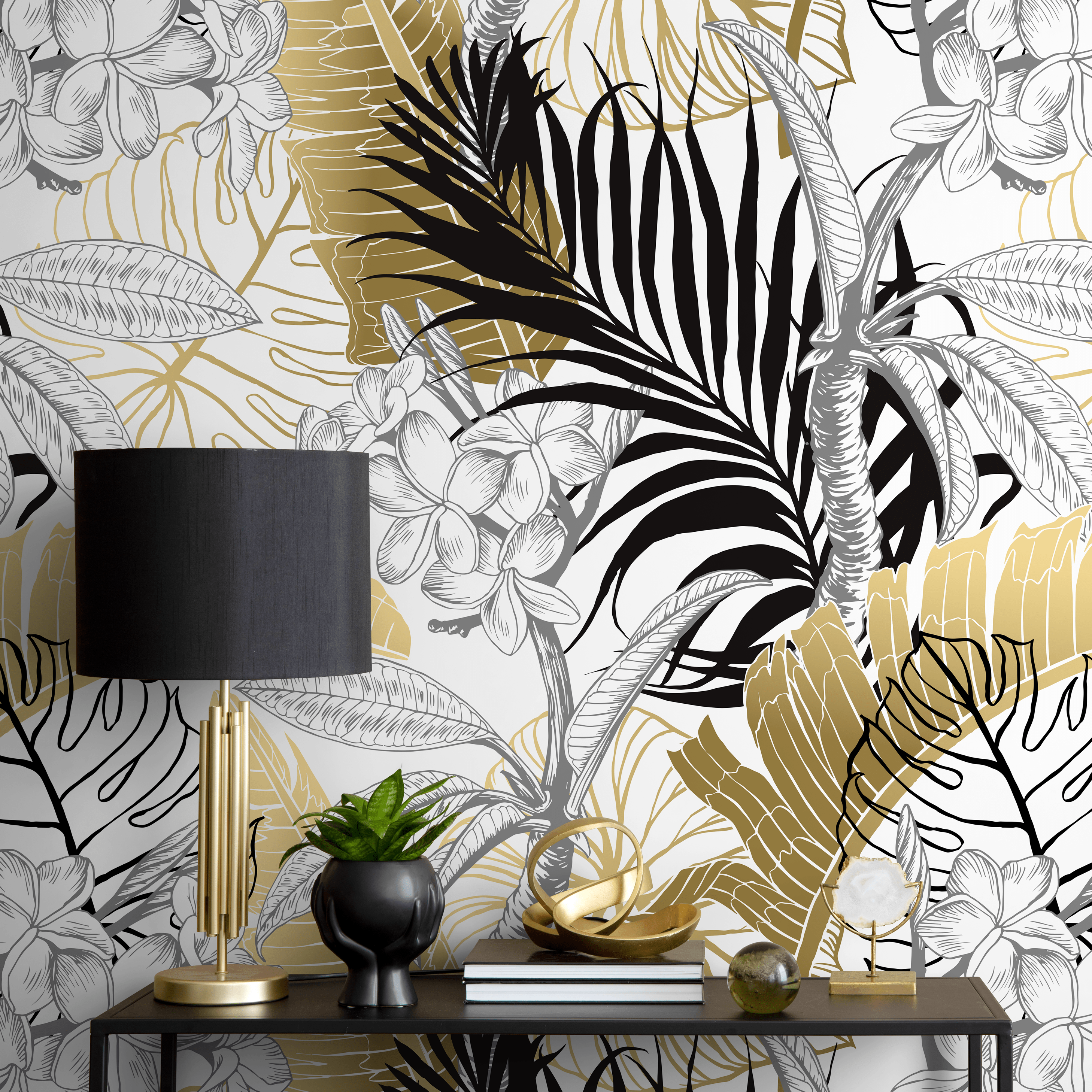 Tropical Wallpaper Featuring Bold Jungle Leaves In Gold, Black, And Grey - B387