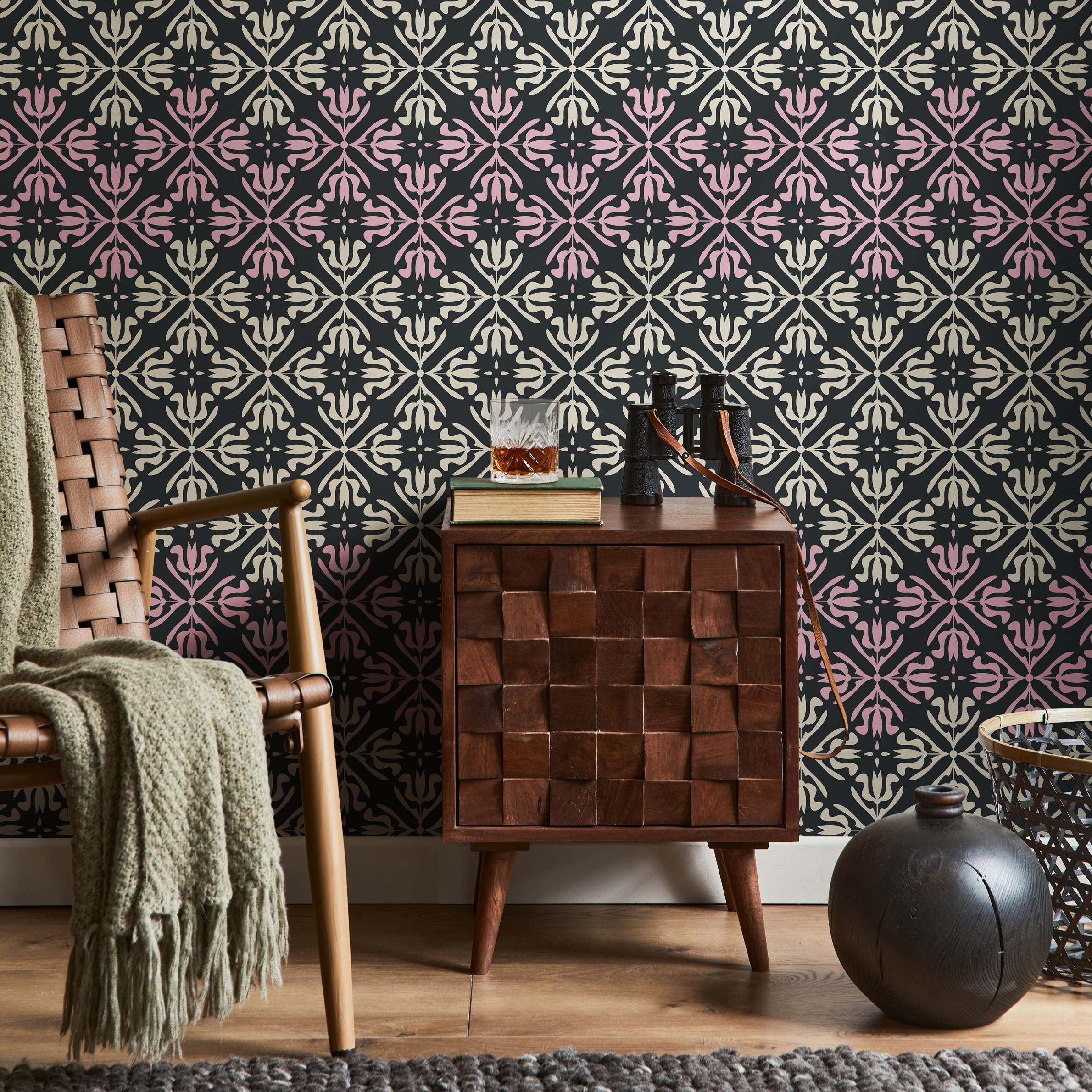 Scandinavian Wallpaper With An Ornate Tile Motif In Black, Pink, And Cream - B389
