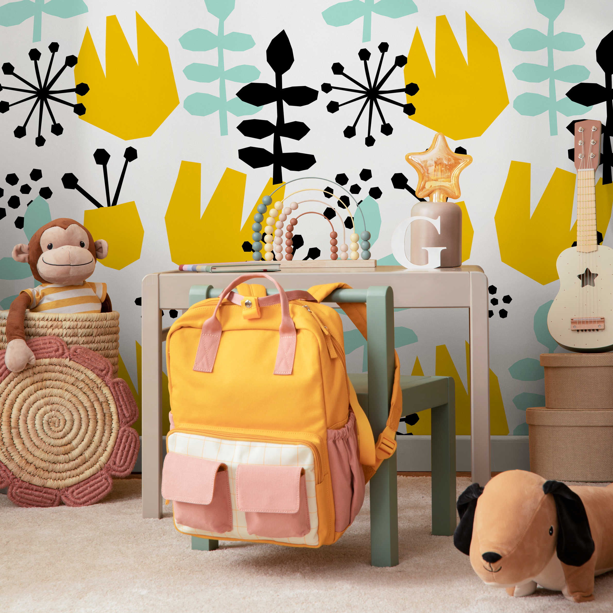 Scandinavian Wallpaper With Abstract Floral Shapes In Yellow, Mint, And Black - B392