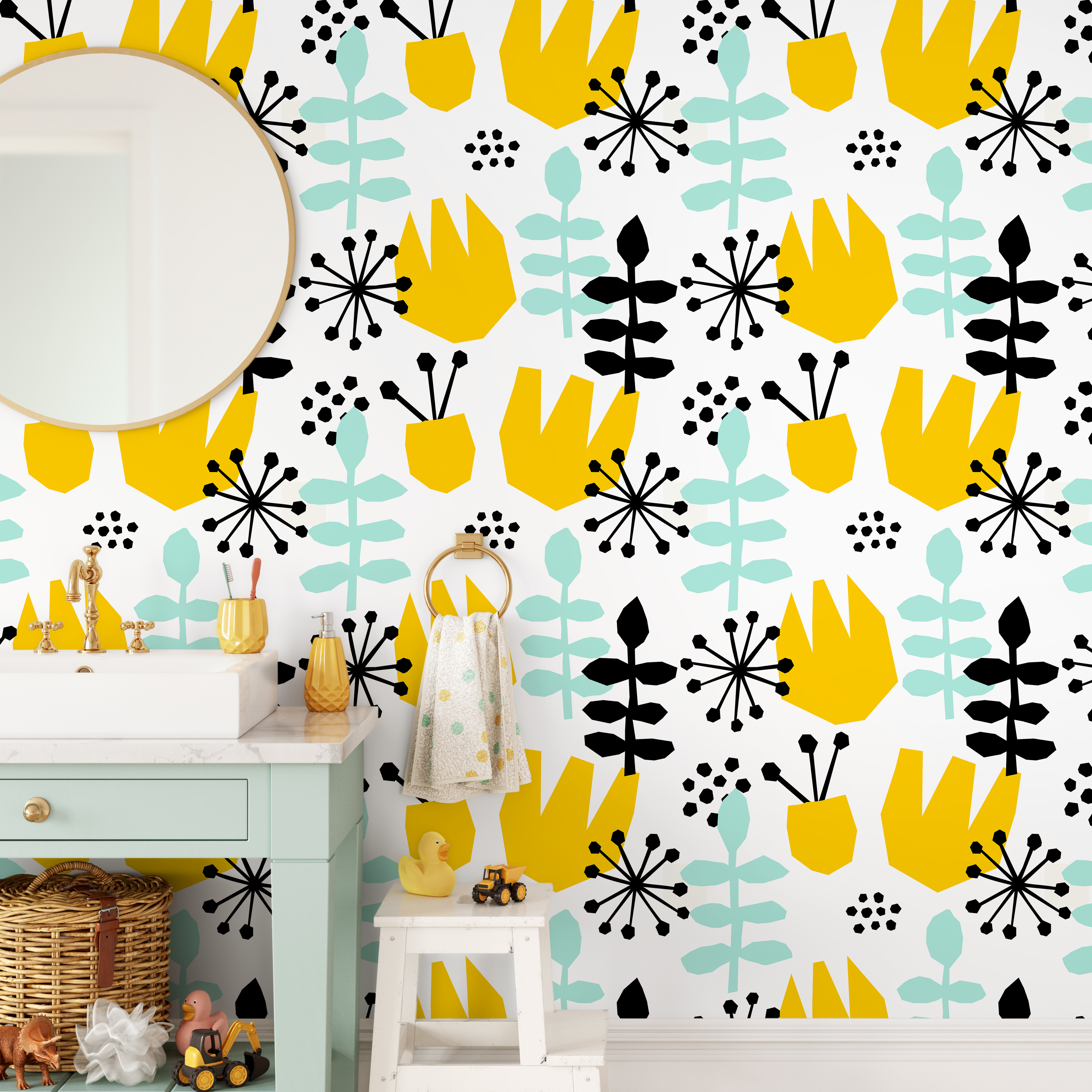 Scandinavian Wallpaper With Abstract Floral Shapes In Yellow, Mint, And Black - B392