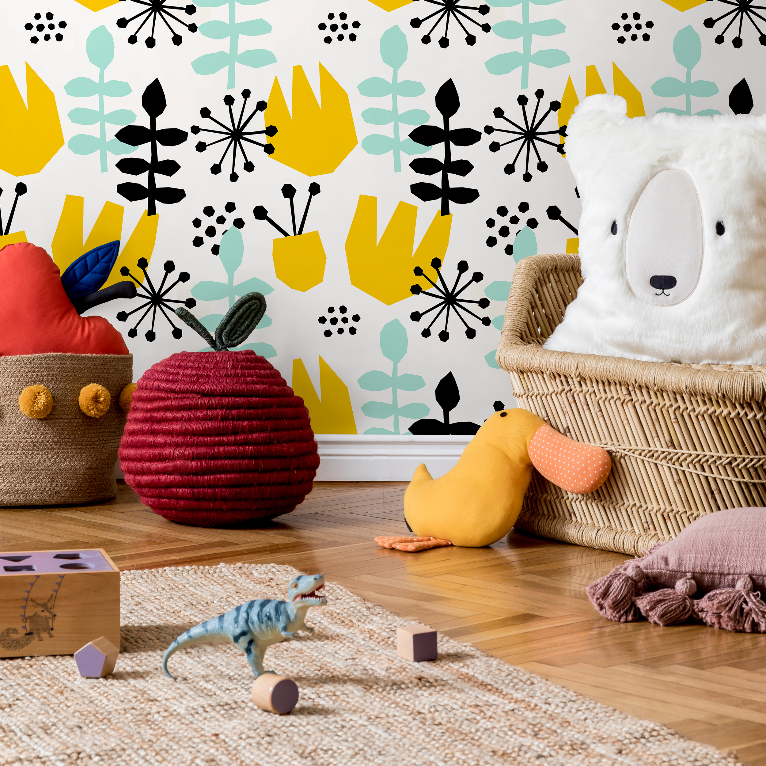 Scandinavian Wallpaper With Abstract Floral Shapes In Yellow, Mint, And Black - B392