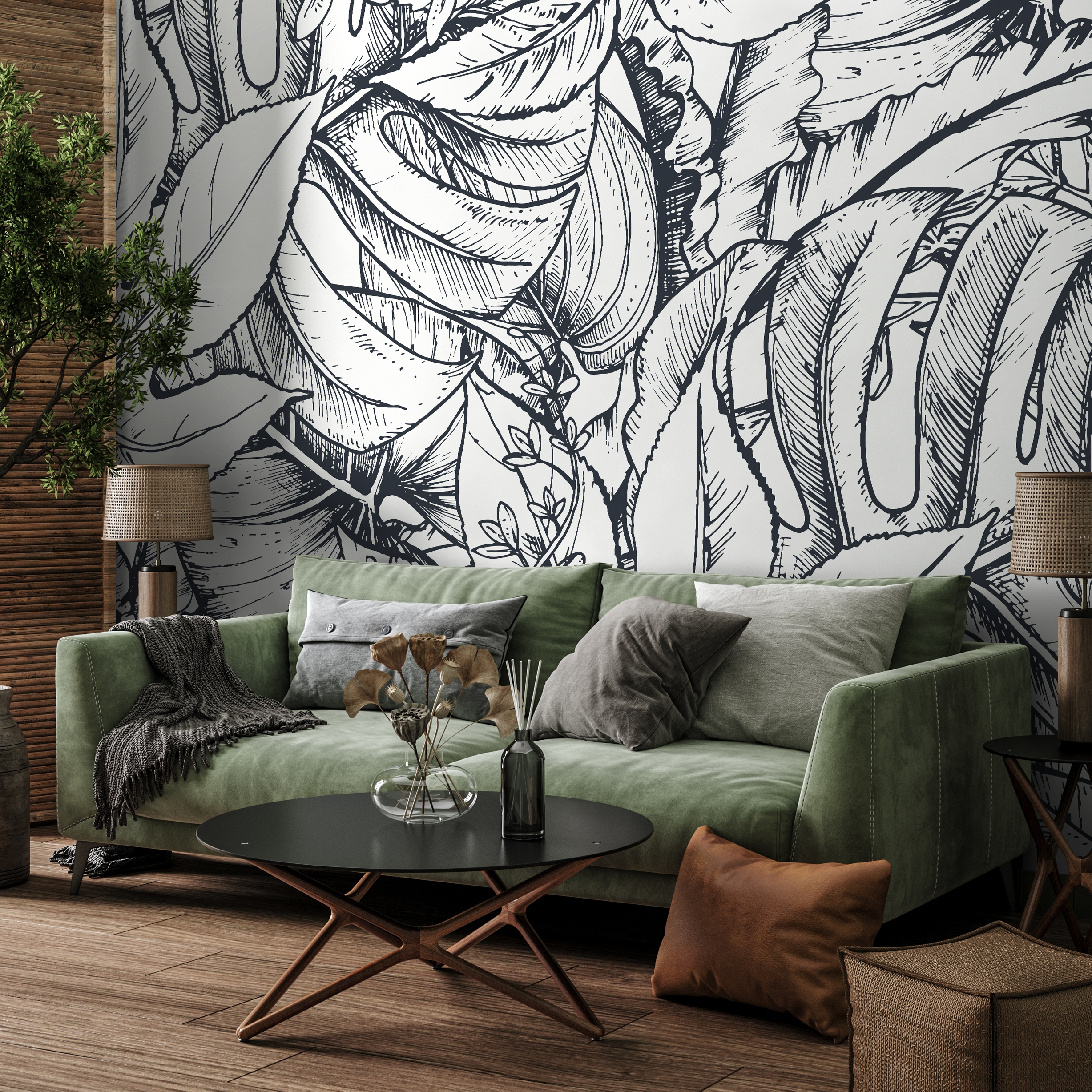 Botanical Wallpaper With Sketched Jungle Leaves In Black And White - B393