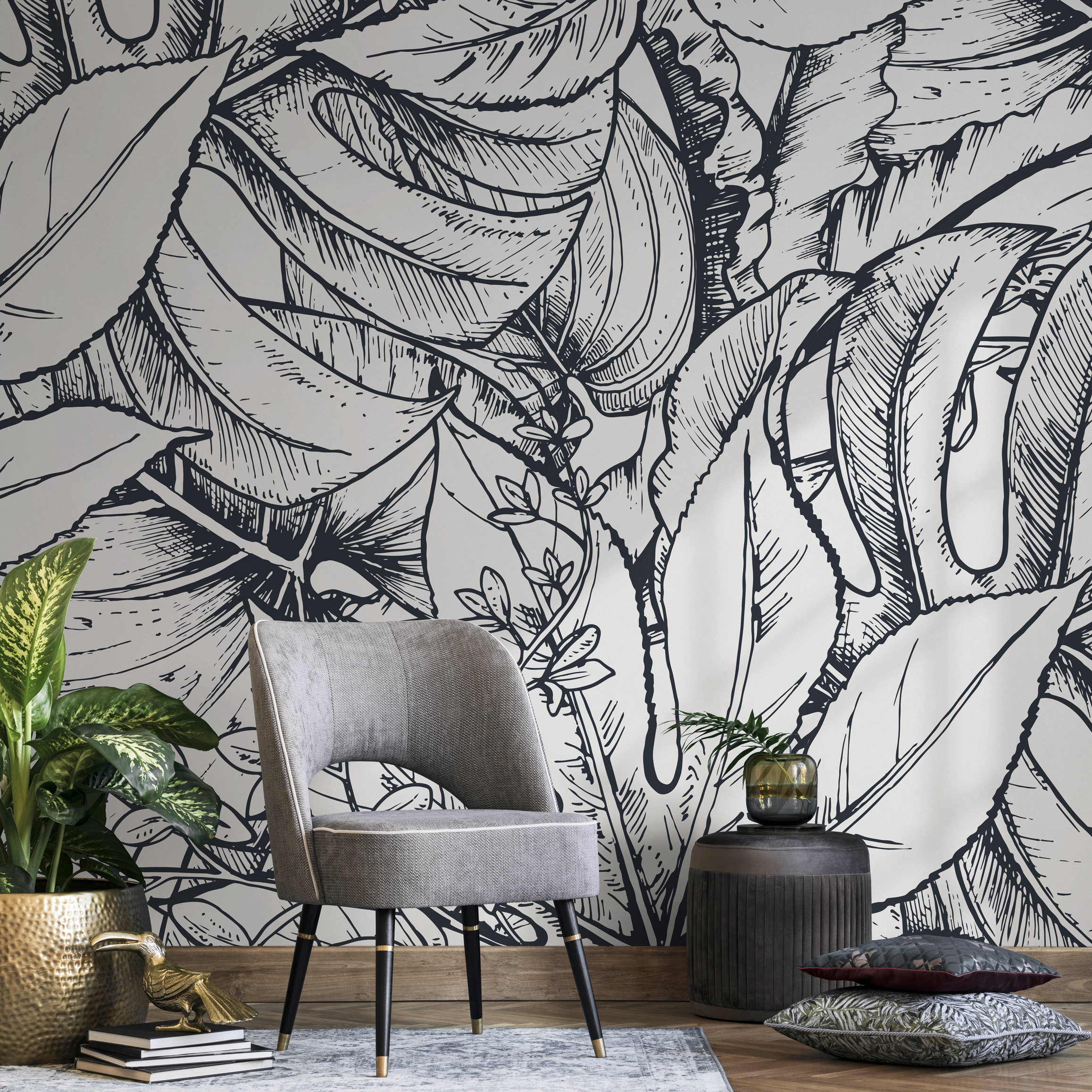 Botanical Wallpaper With Sketched Jungle Leaves In Black And White - B393