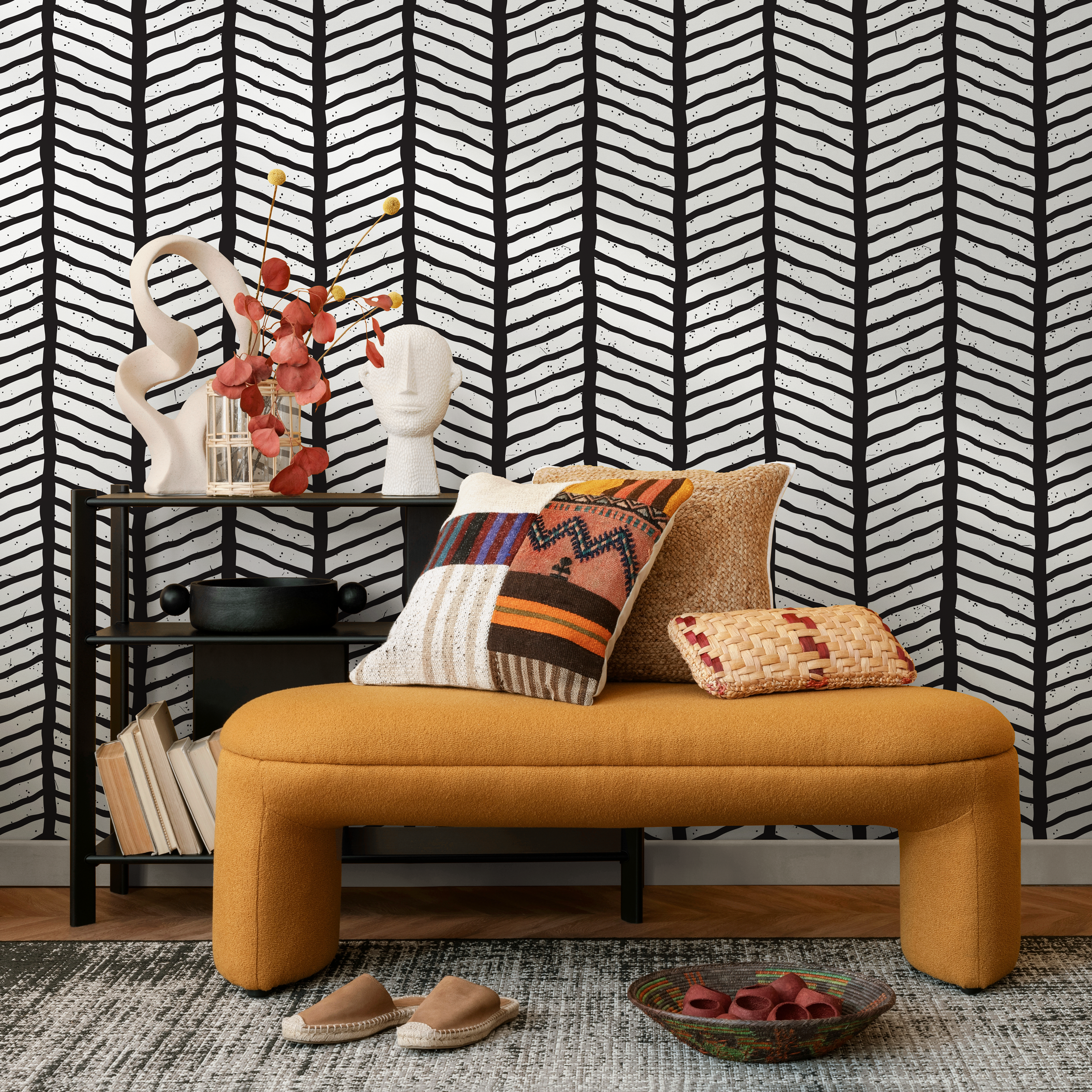 Geometric Wallpaper With A Hand-drawn Chevron Pattern In Black And White - B396