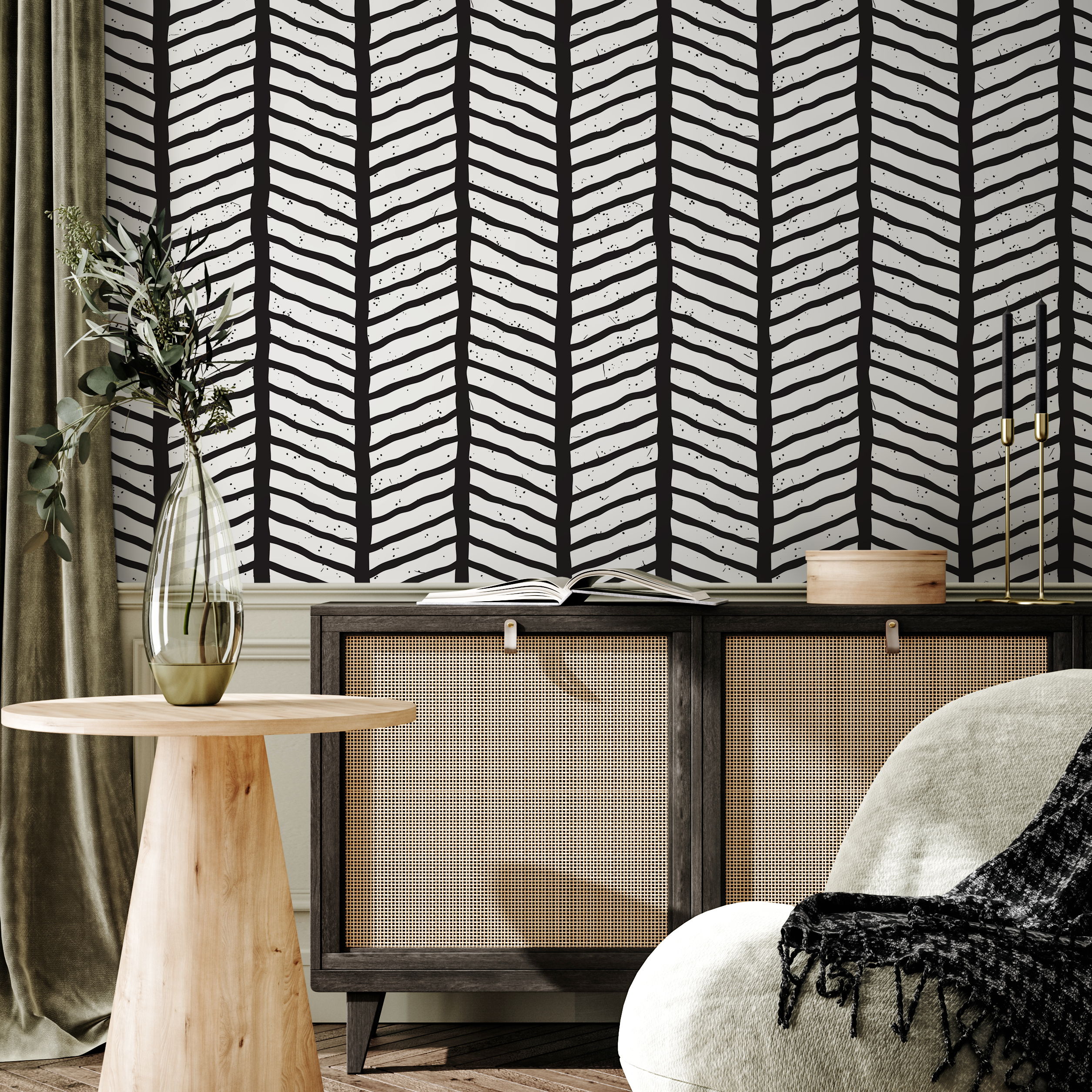 Geometric Wallpaper With A Hand-drawn Chevron Pattern In Black And White - B396