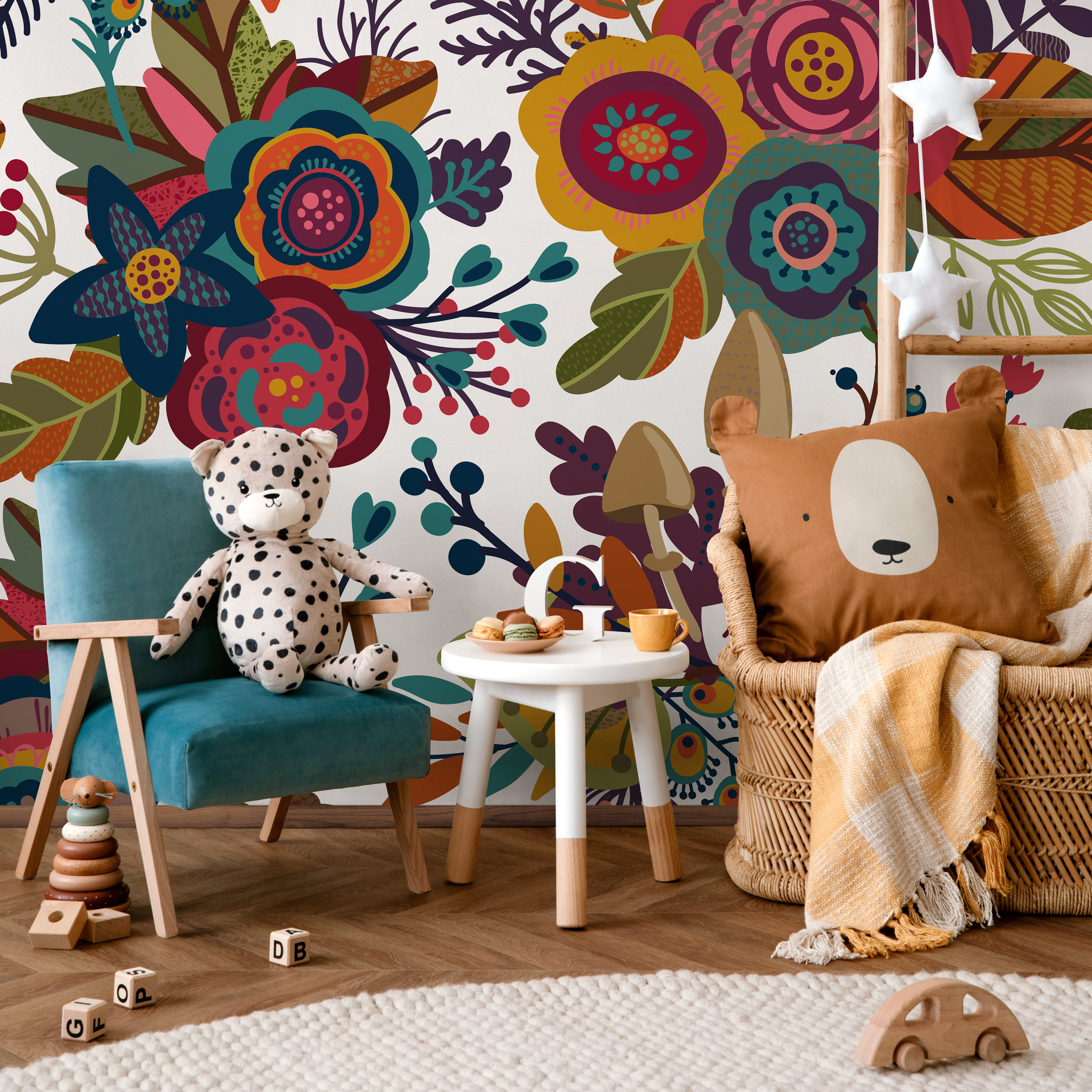 Folk Art Wallpaper With Whimsical Flowers And Mushrooms In Red, Yellow, And Teal - B398