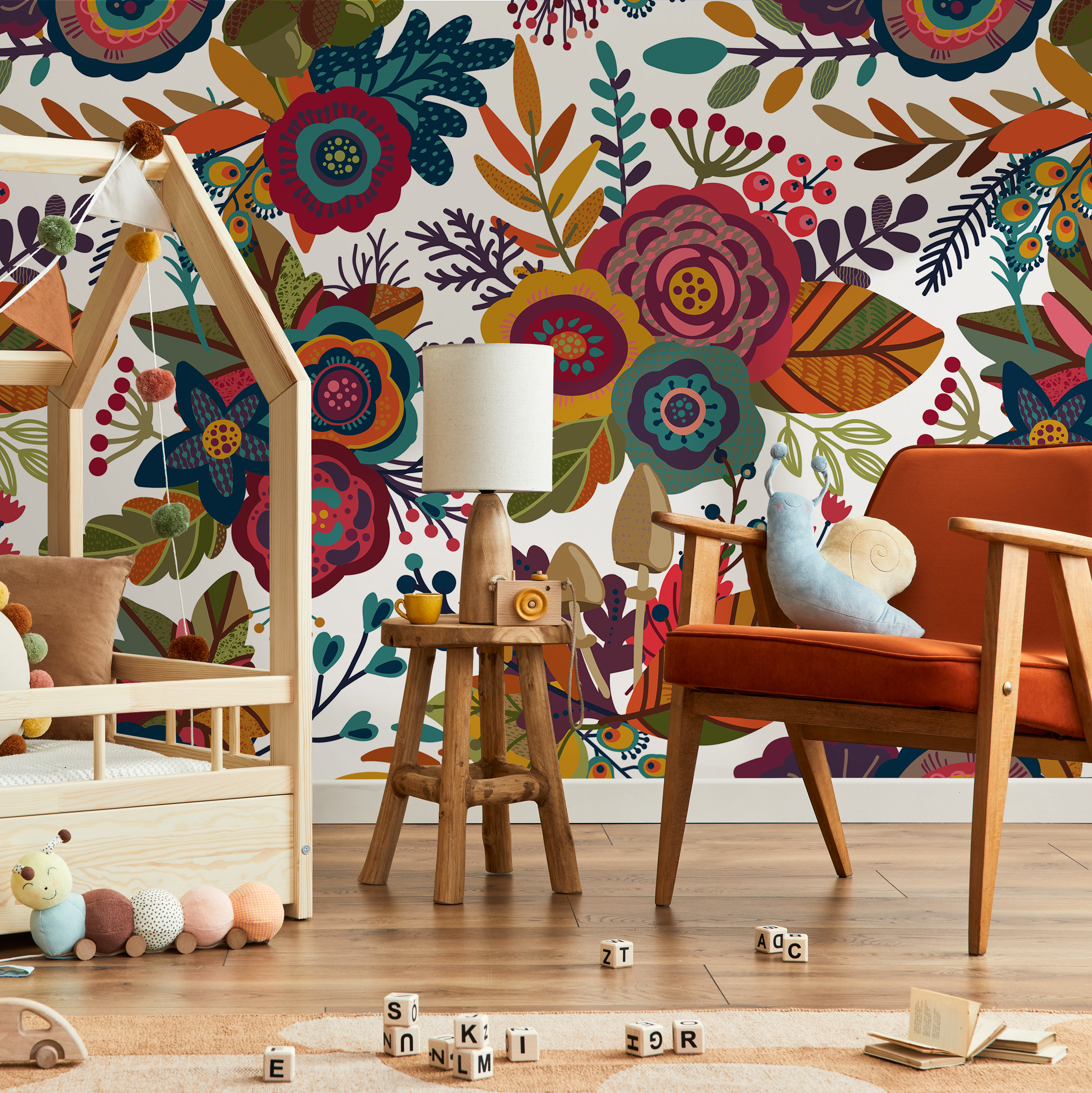 Folk Art Wallpaper With Whimsical Flowers And Mushrooms In Red, Yellow, And Teal - B398