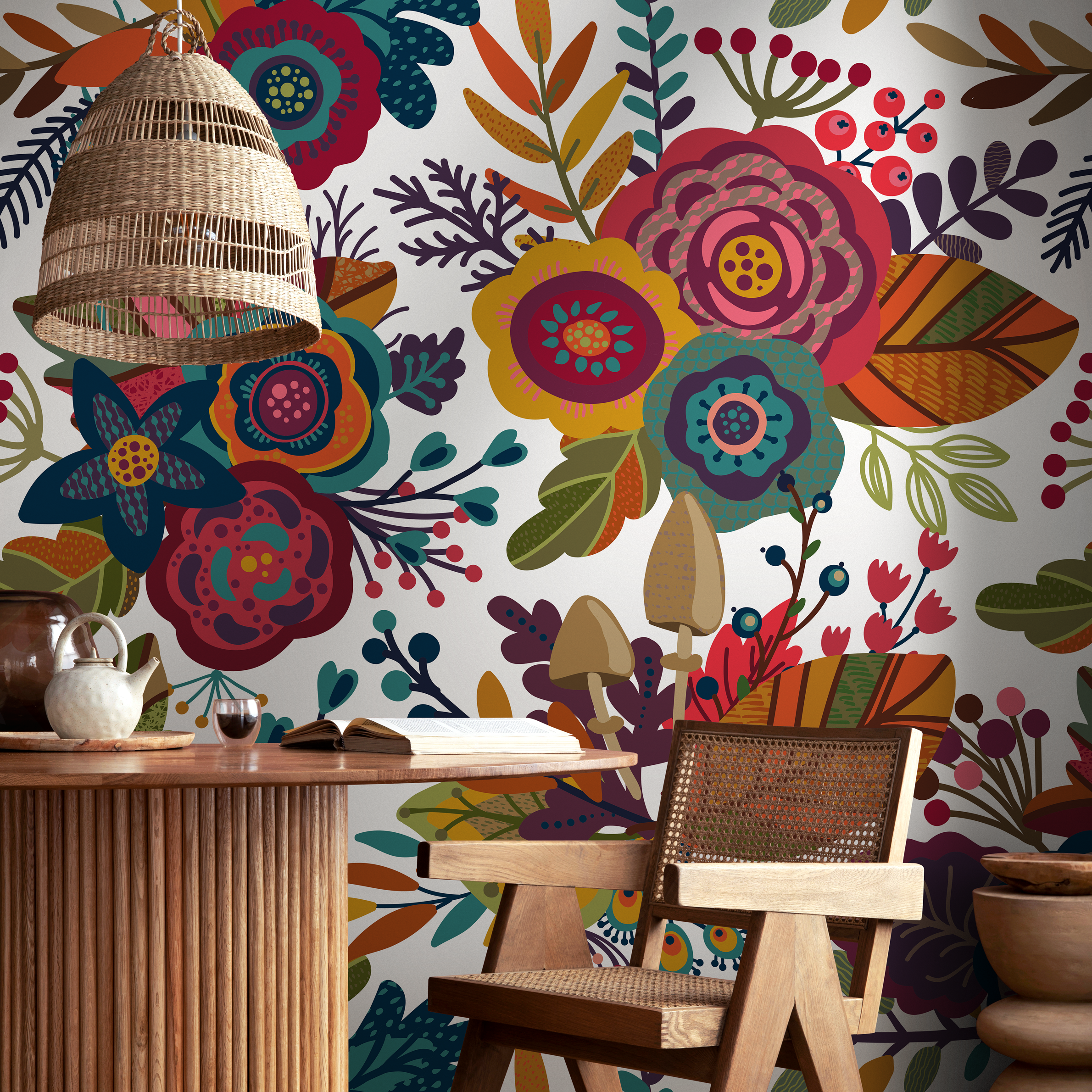 Folk Art Wallpaper With Whimsical Flowers And Mushrooms In Red, Yellow, And Teal - B398