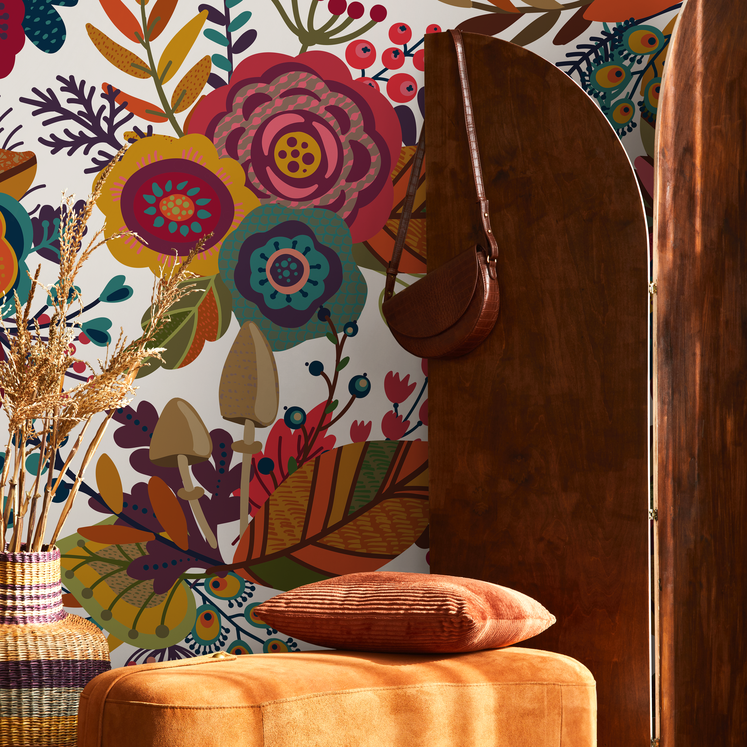 Folk Art Wallpaper With Whimsical Flowers And Mushrooms In Red, Yellow, And Teal - B398