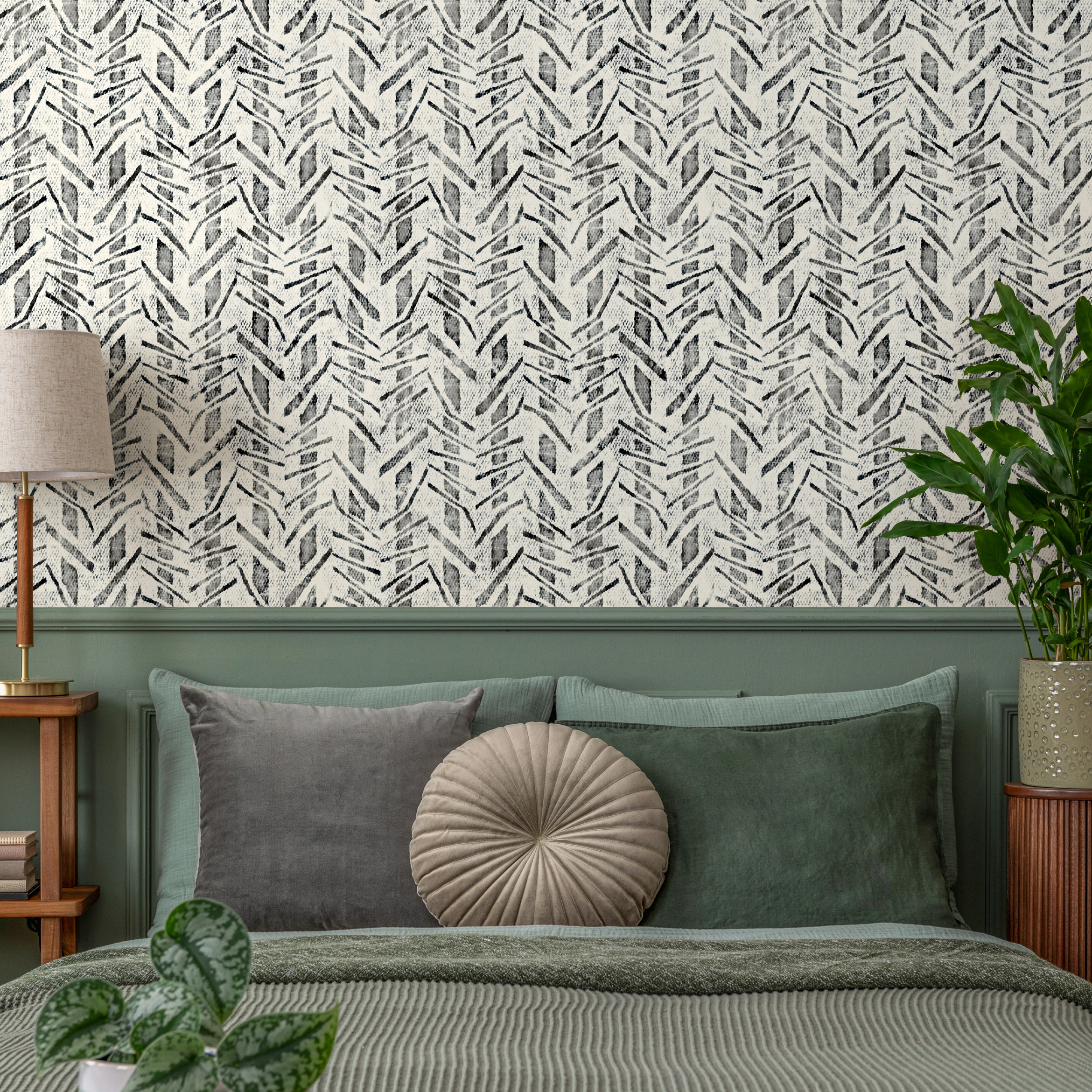 Abstract Wallpaper With A Block Print Chevron Motif In Black And Off-white - B400