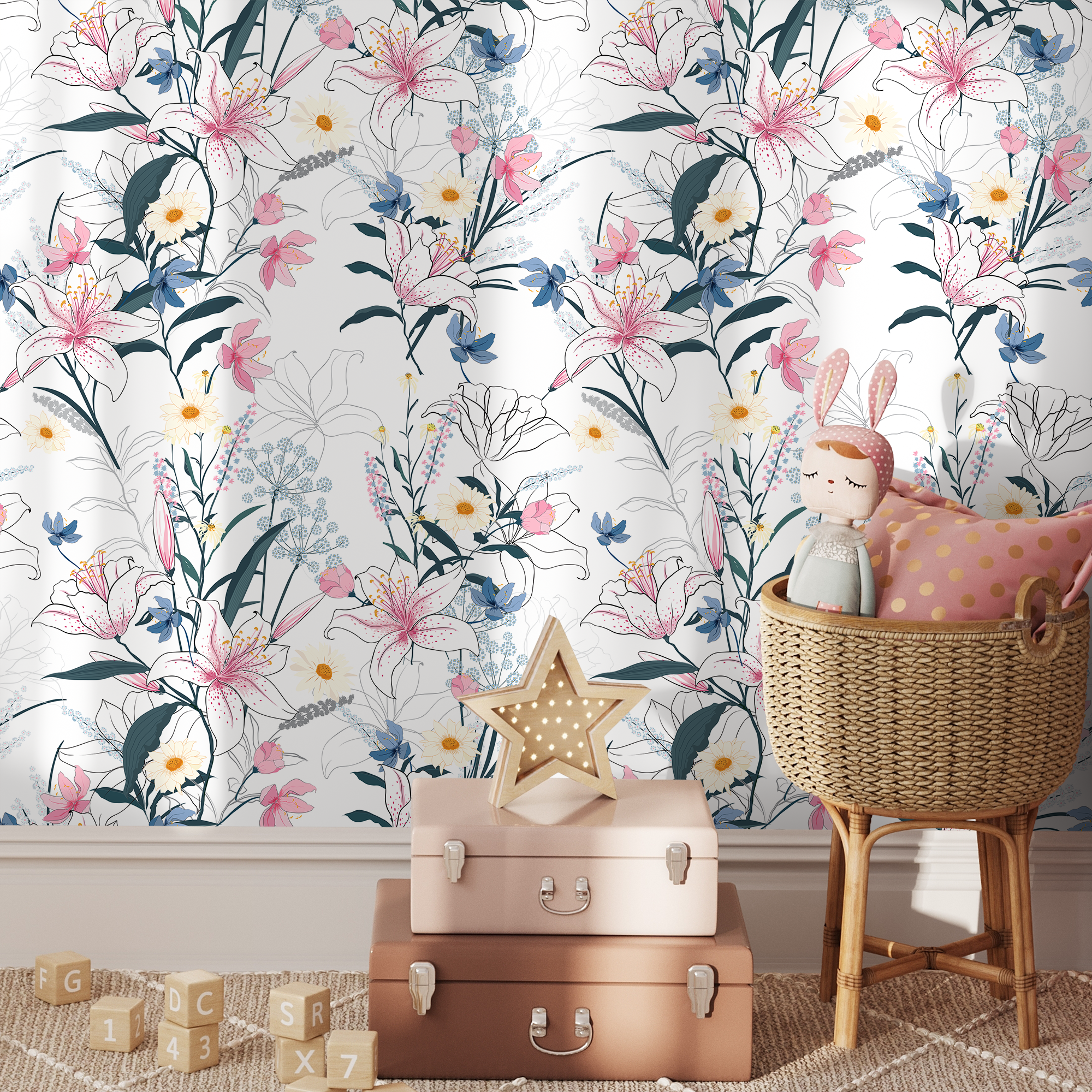 Floral Wallpaper With Hand-drawn Lilies And Wildflowers In Pink, Blue, And Yellow - B401
