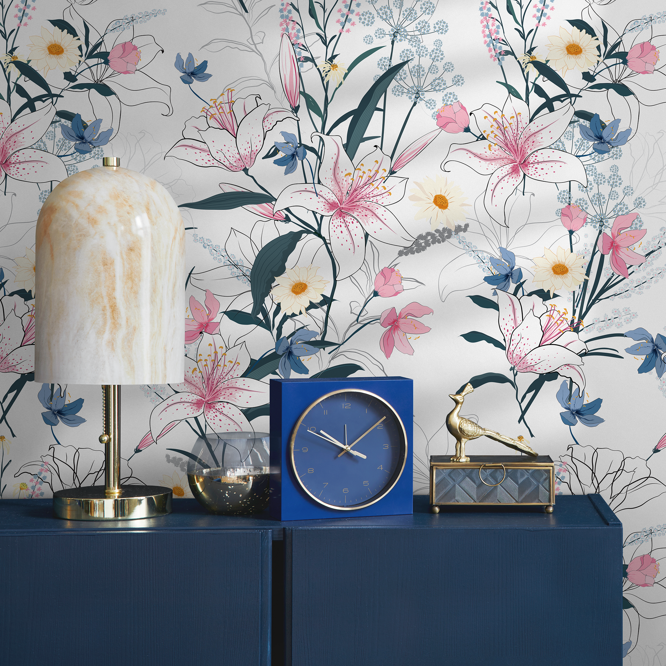 Floral Wallpaper With Hand-drawn Lilies And Wildflowers In Pink, Blue, And Yellow - B401