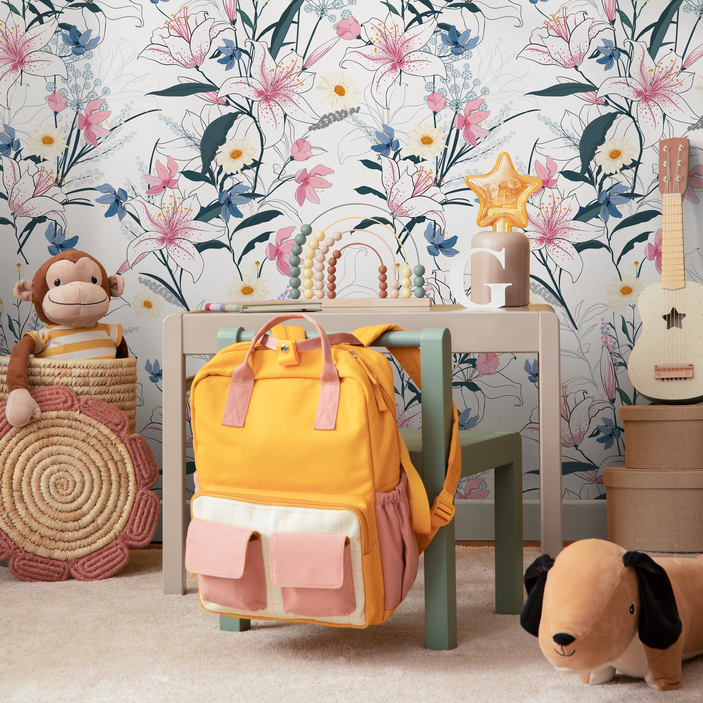 Floral Wallpaper With Hand-drawn Lilies And Wildflowers In Pink, Blue, And Yellow - B401