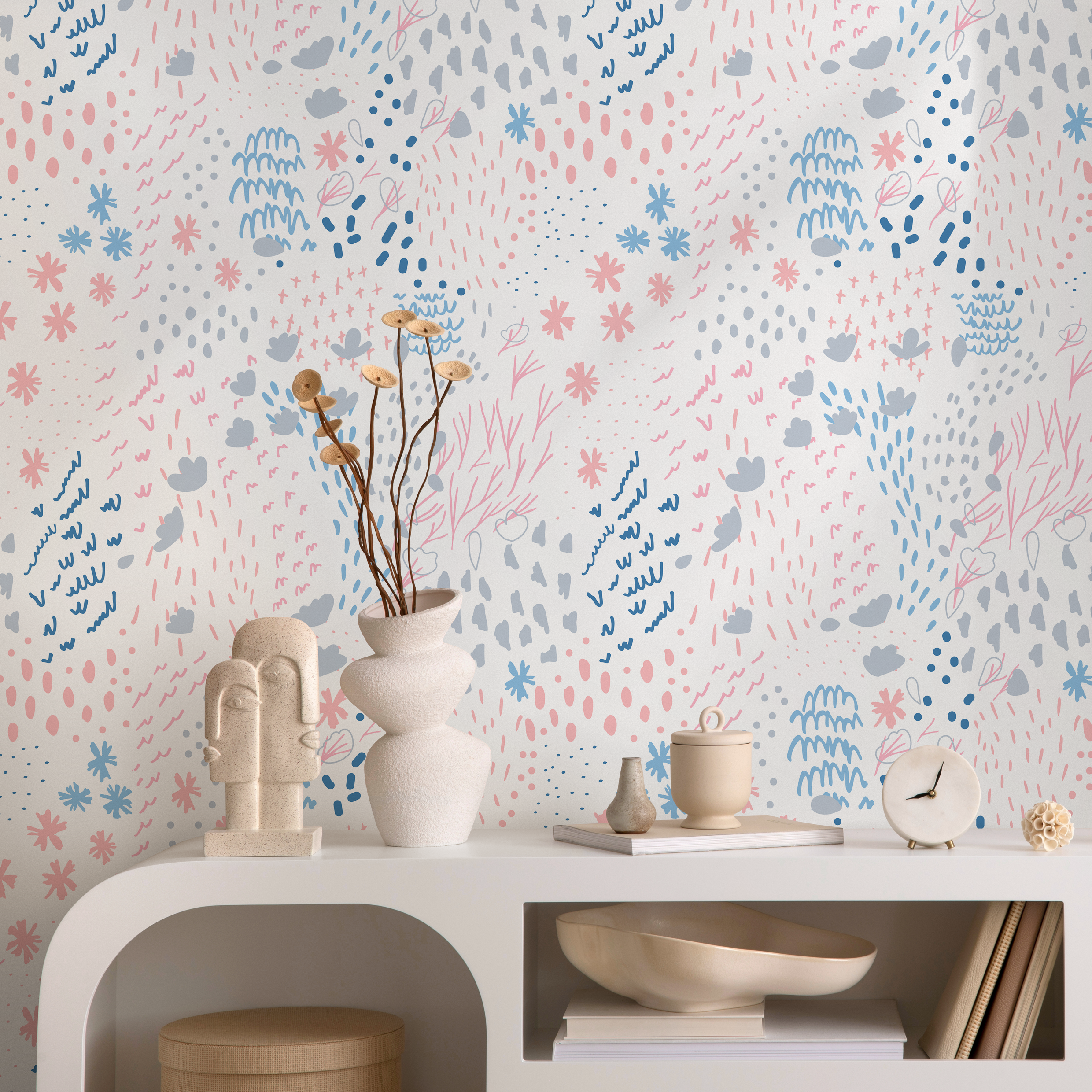 Abstract Wallpaper With Whimsical Doodles In Pink, Blue, And Grey - B406