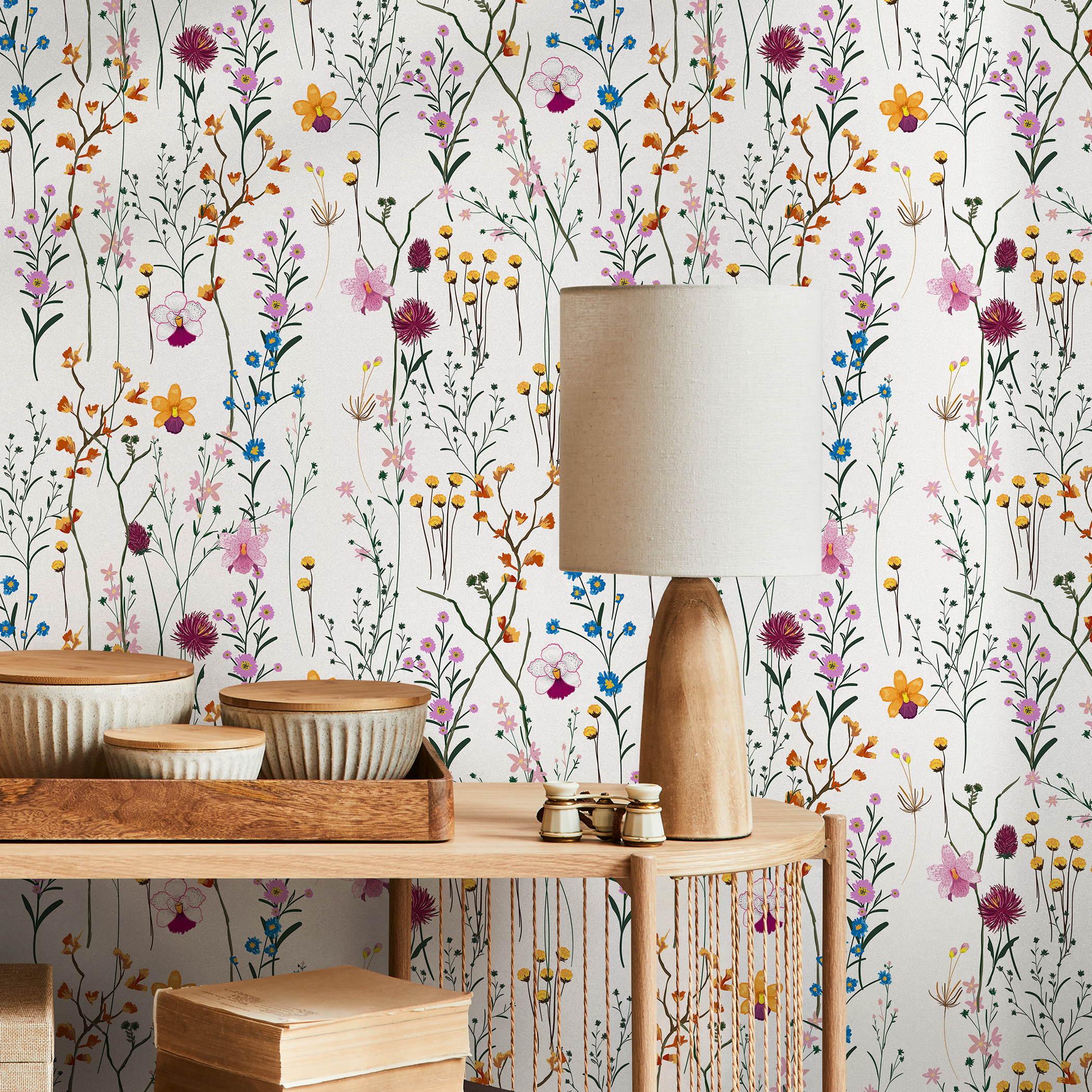 Wildflower Wallpaper With A Delicate Meadow Motif In Pink, Blue, And Yellow - B407
