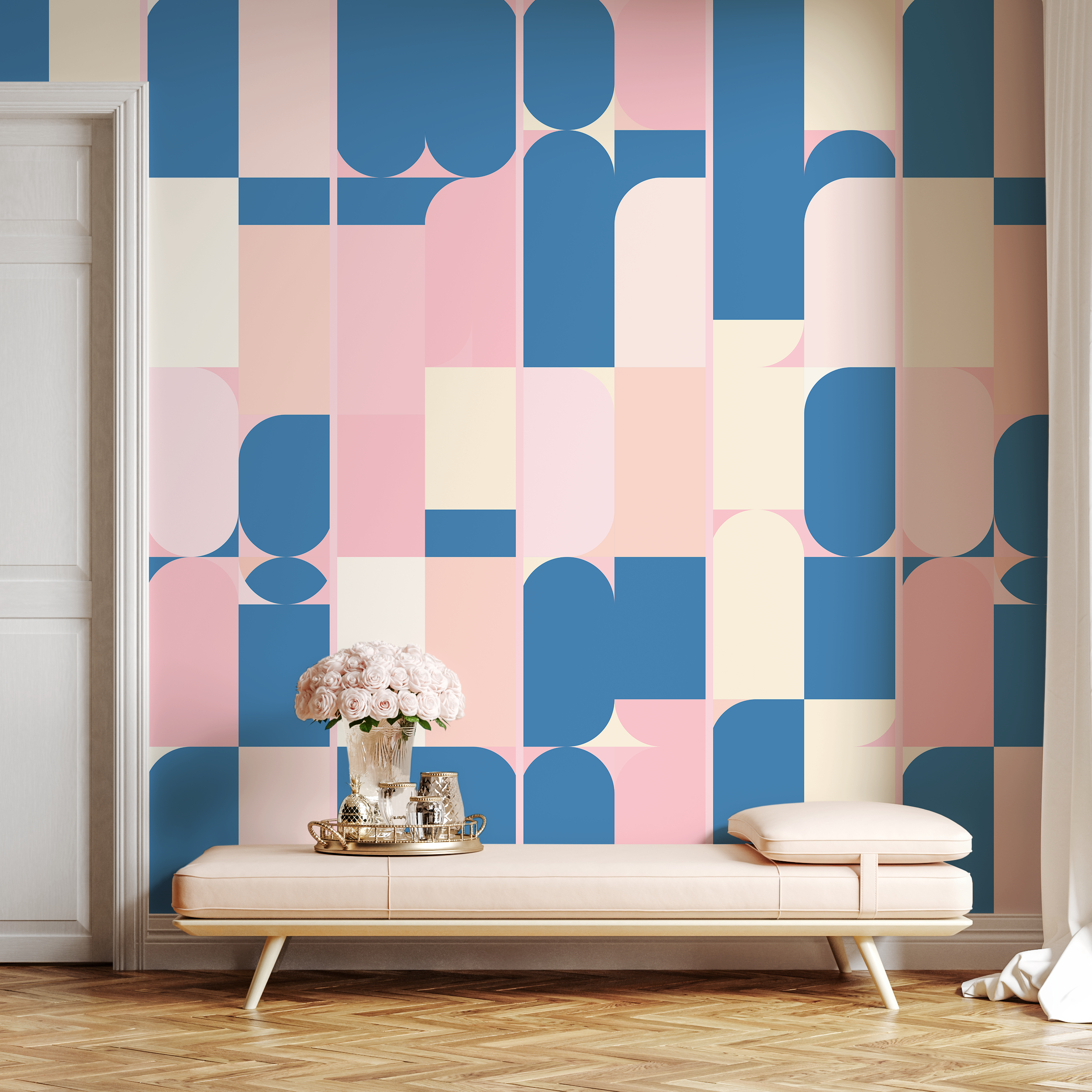 Geometric Wallpaper With Modern Block Shapes In Blue, Pink, And Cream - B411
