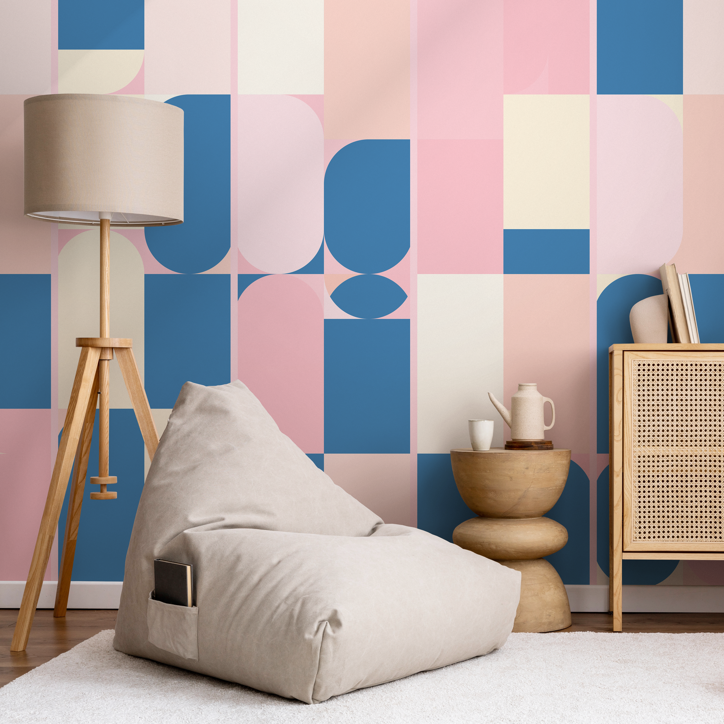 Geometric Wallpaper With Modern Block Shapes In Blue, Pink, And Cream - B411