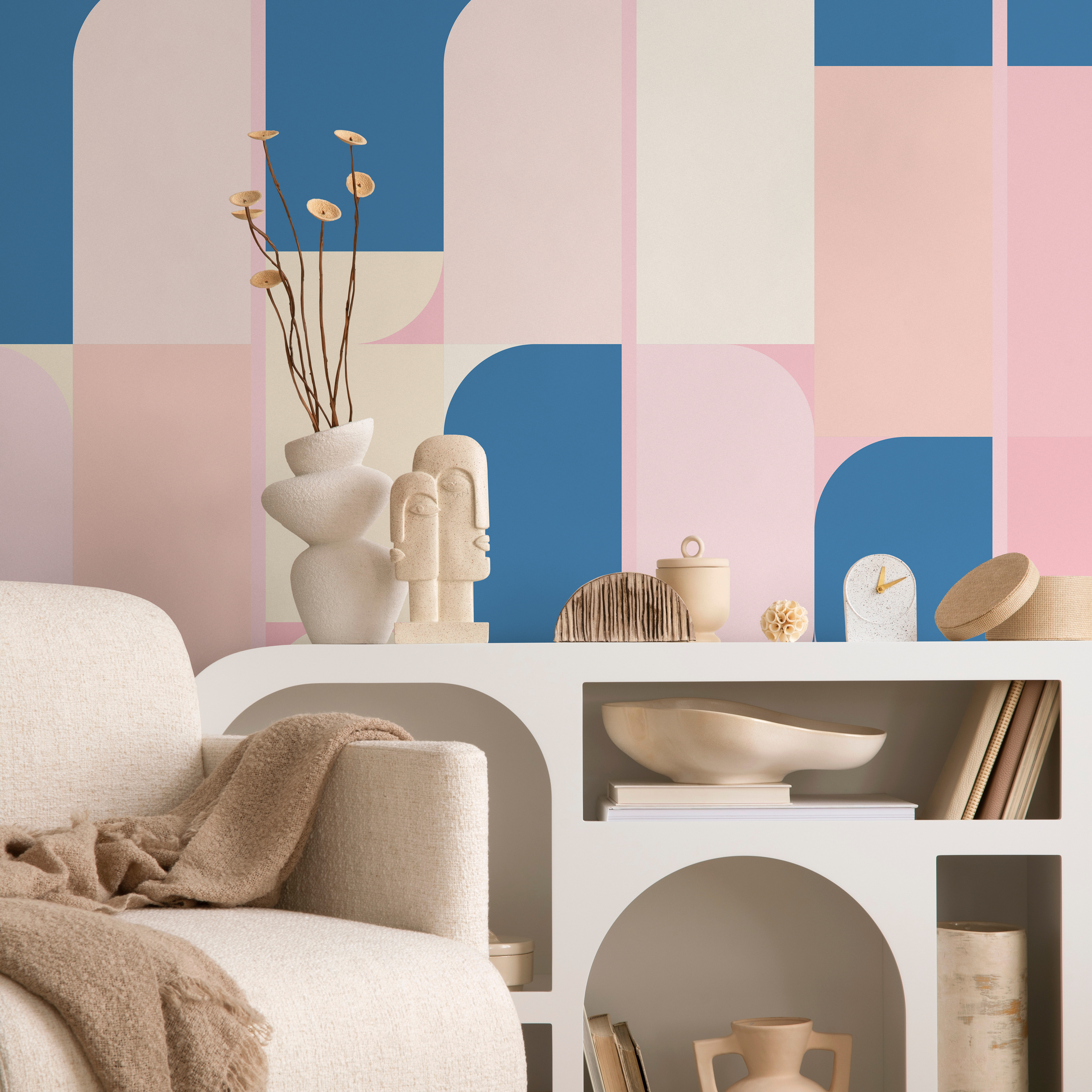 Geometric Wallpaper With Modern Block Shapes In Blue, Pink, And Cream - B411