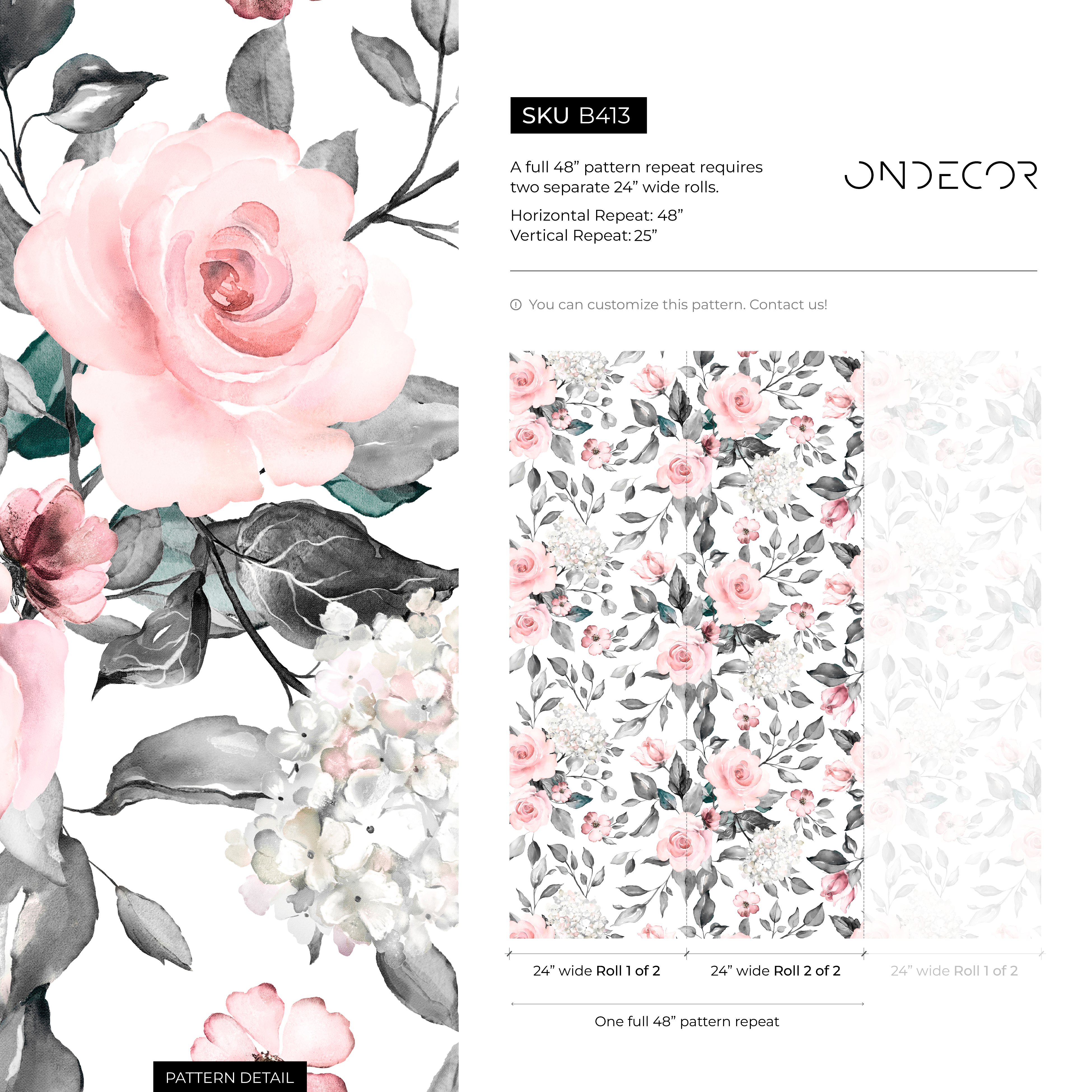 Floral Wallpaper Featuring Watercolor Roses In Pink And Grey - B413