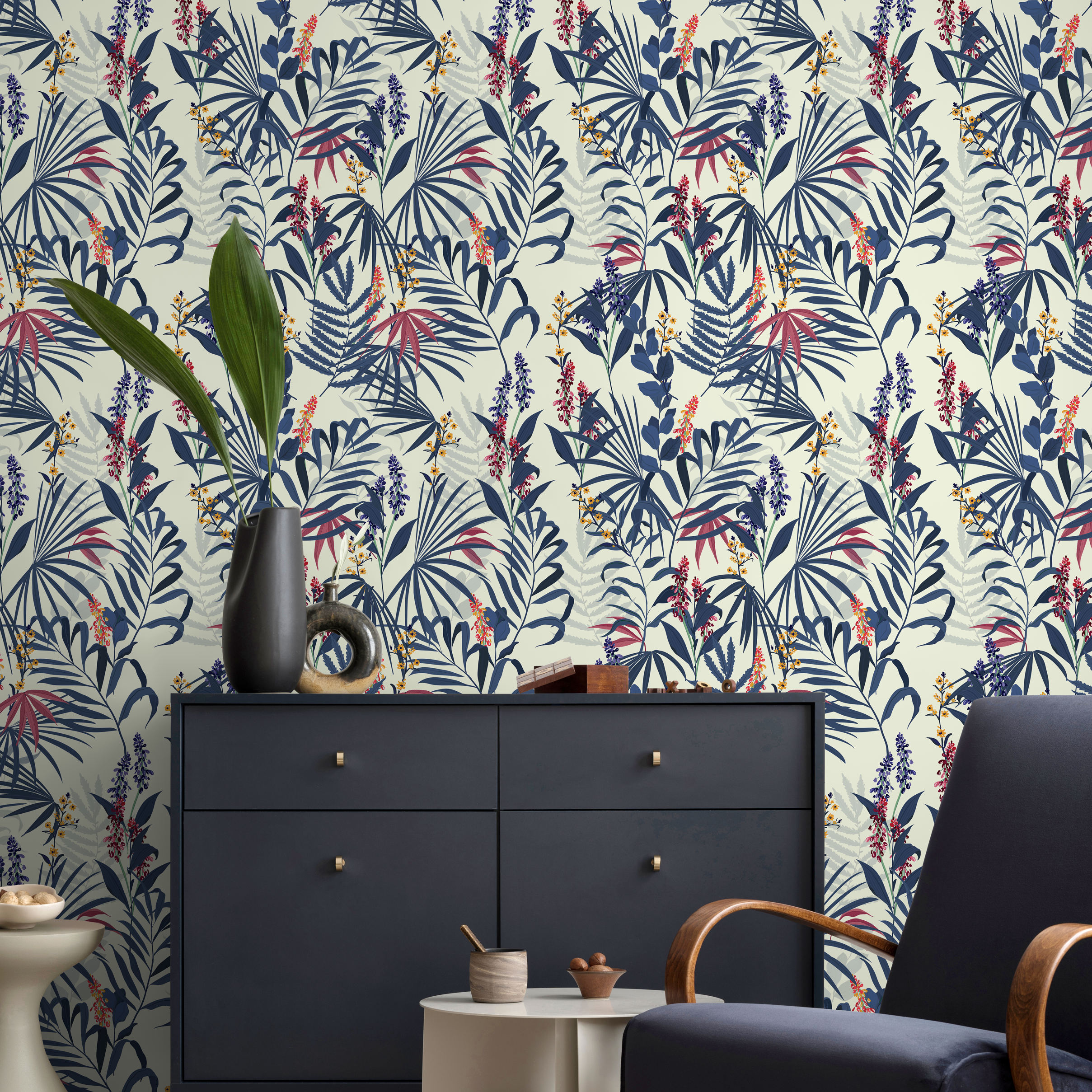 Botanical Wallpaper With Tropical Leaves And Flowers In Blue, Red, And Yellow - B414