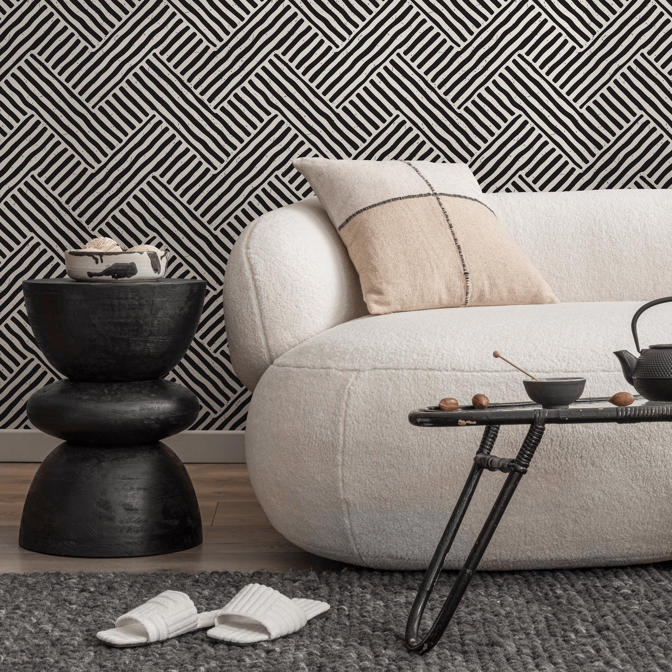 Geometric Wallpaper With A Hand-drawn Line Motif In Black And White - B415