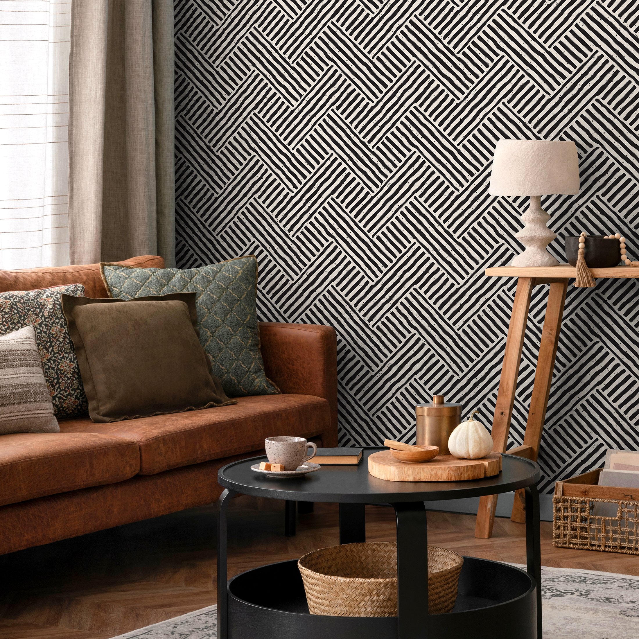 Geometric Wallpaper With A Hand-drawn Line Motif In Black And White - B415