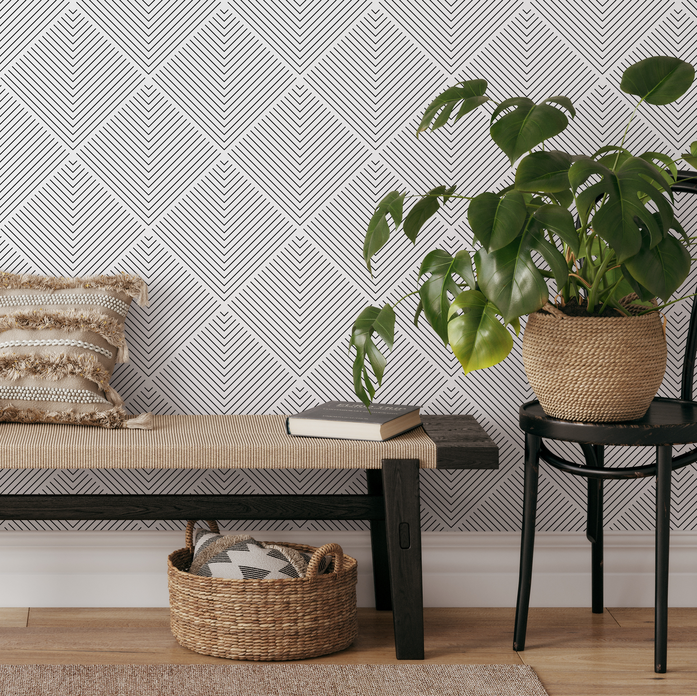 Geometric Wallpaper With A Modern Chevron Motif In Black And White - B417