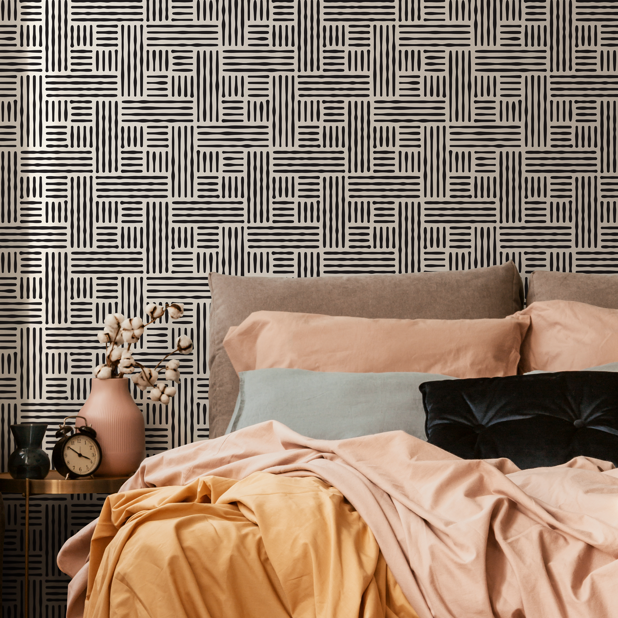 Geometric Wallpaper With A Woven Line Pattern In Black And White - B418