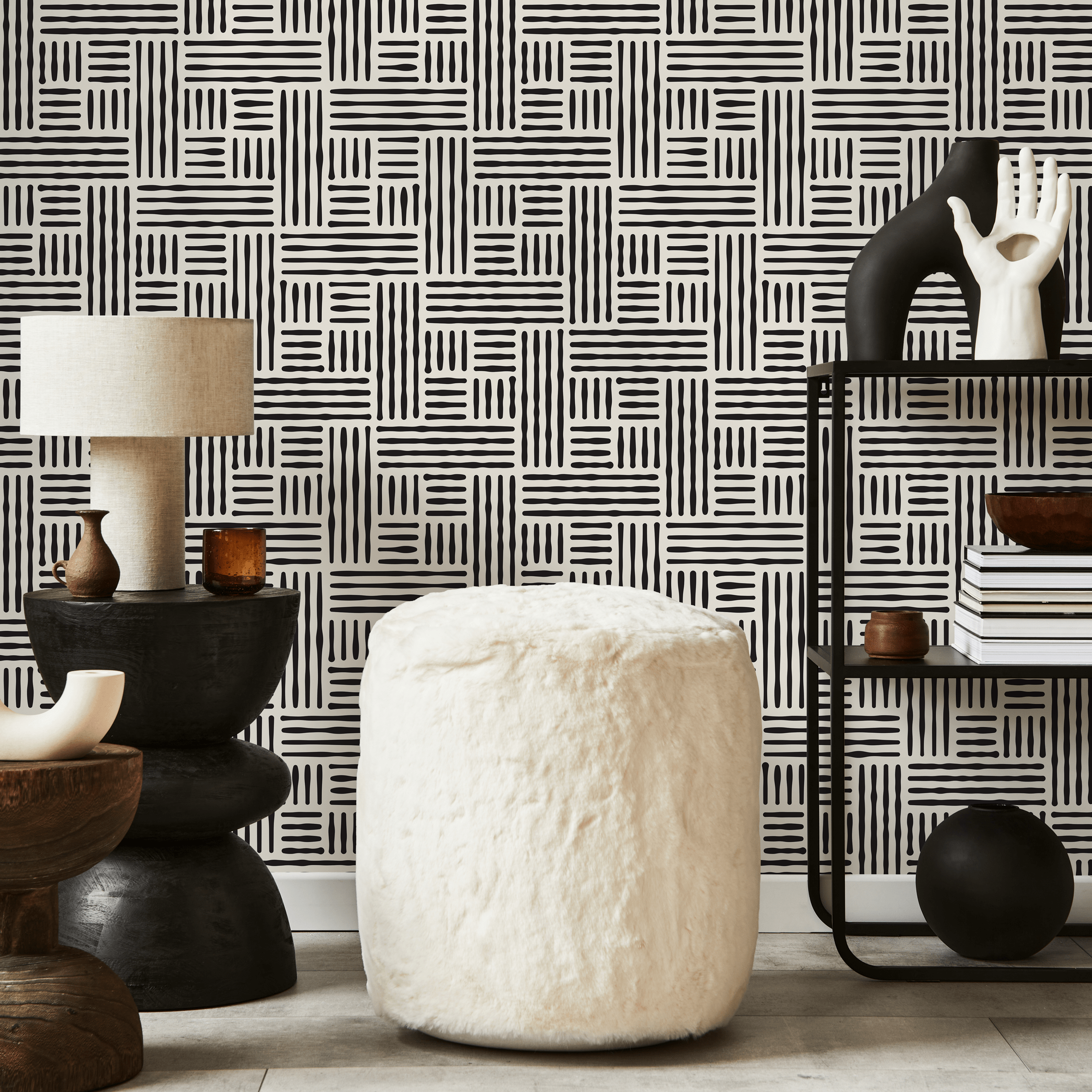 Geometric Wallpaper With A Woven Line Pattern In Black And White - B418