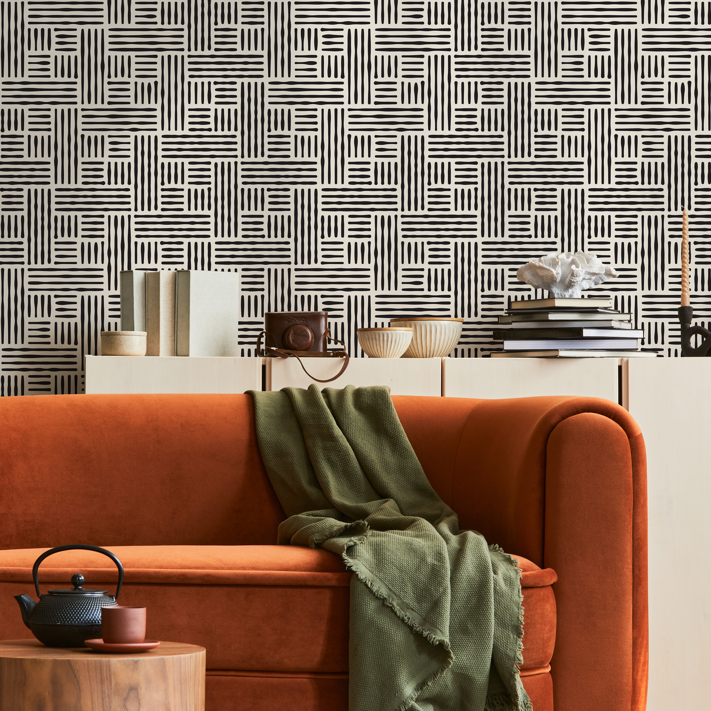 Geometric Wallpaper With A Woven Line Pattern In Black And White - B418