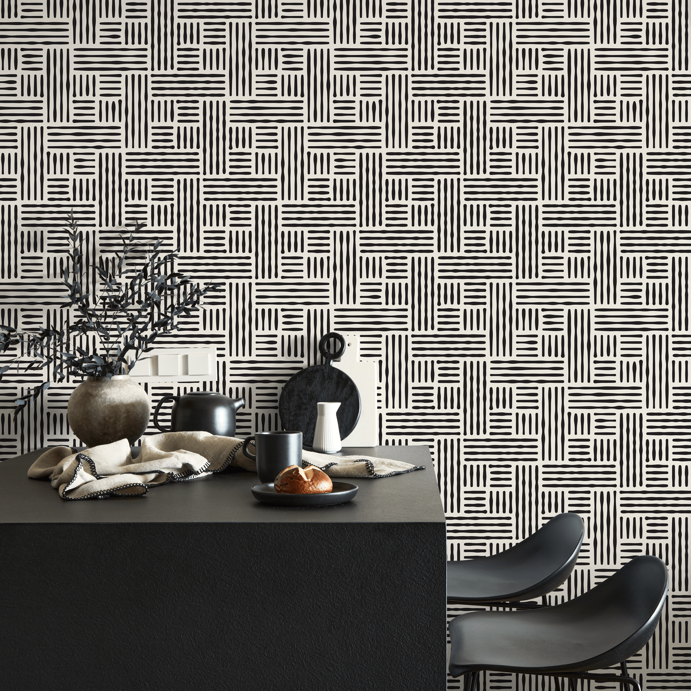 Geometric Wallpaper With A Woven Line Pattern In Black And White - B418