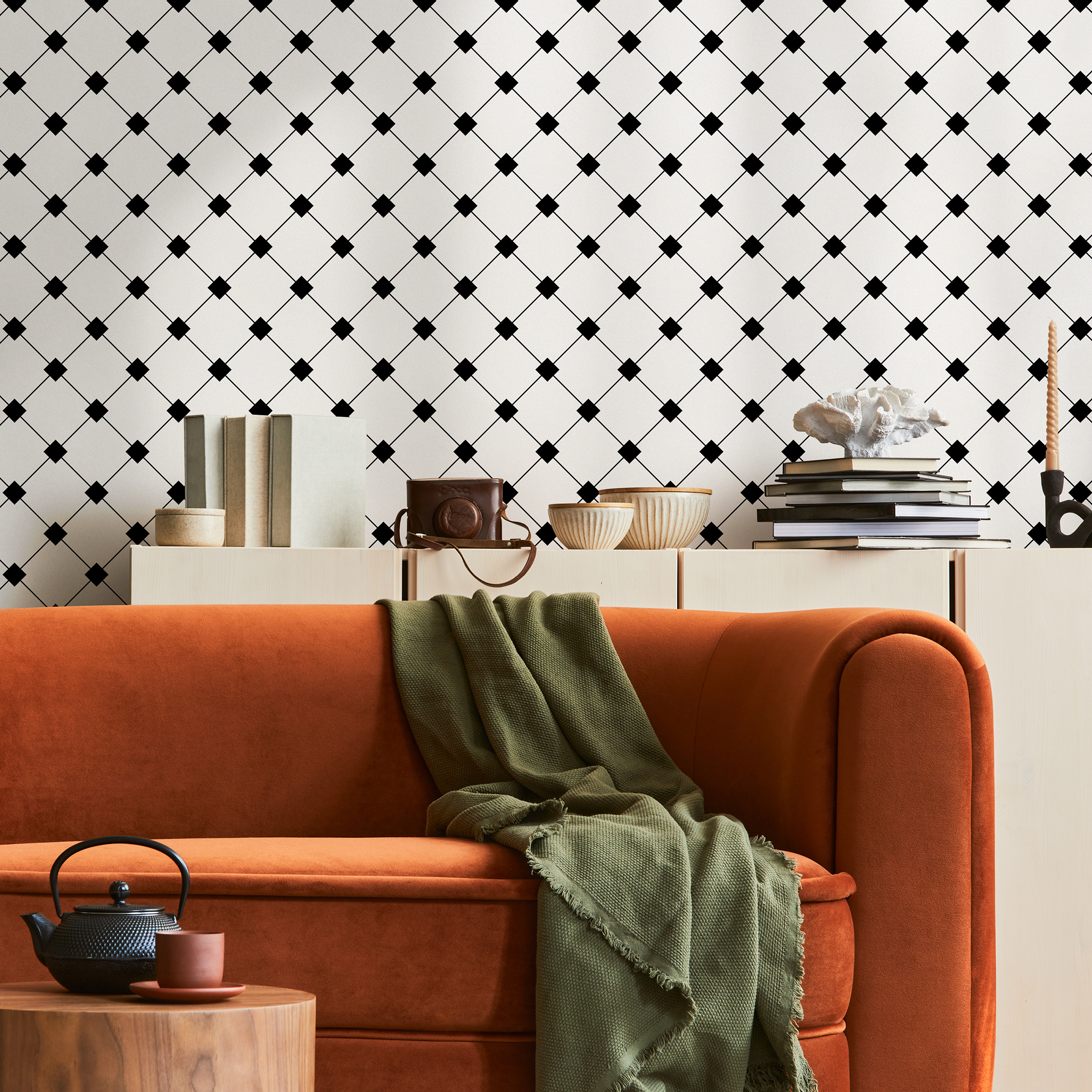 Geometric Wallpaper With A Scandinavian Diamond Grid In Black And White - B419