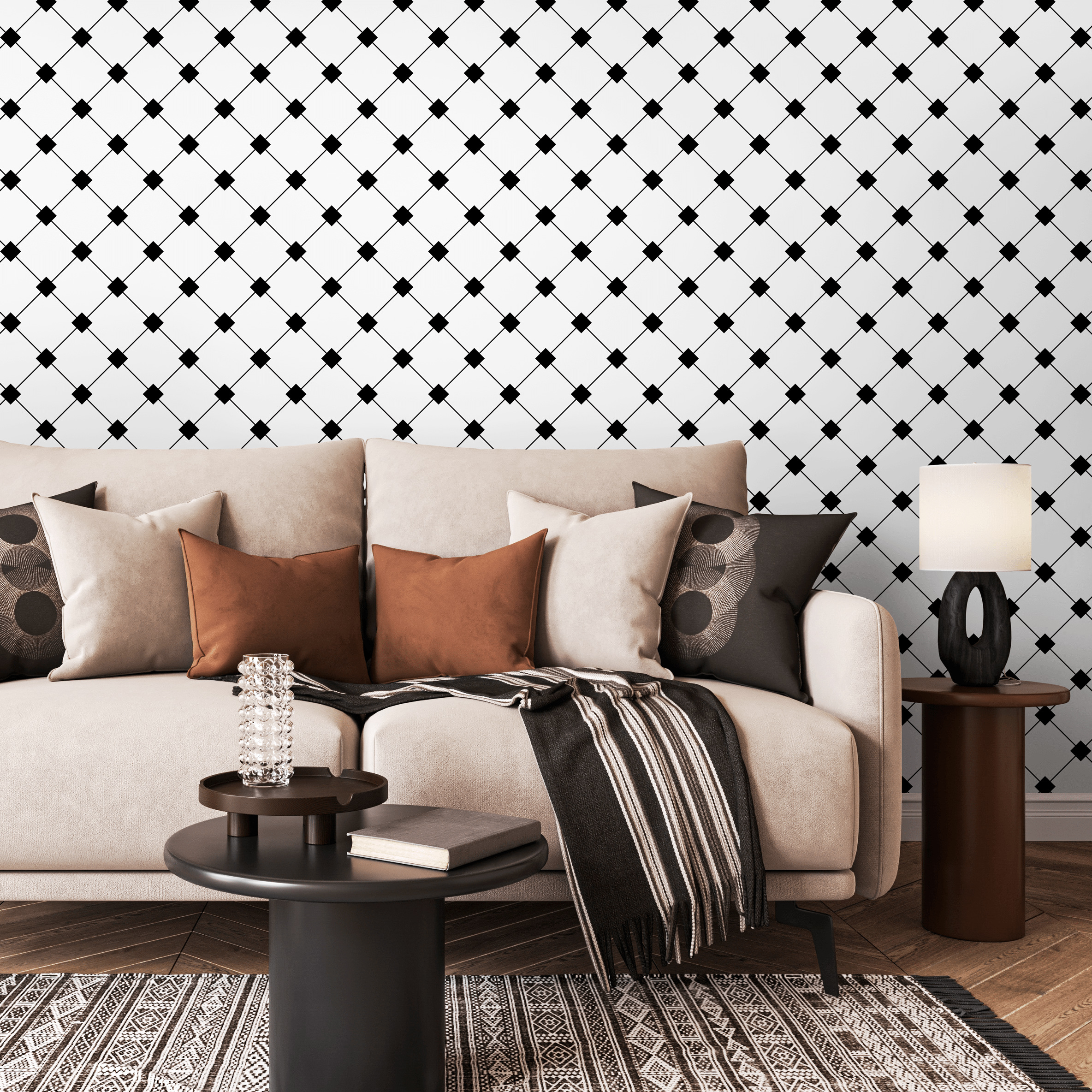 Geometric Wallpaper With A Scandinavian Diamond Grid In Black And White - B419