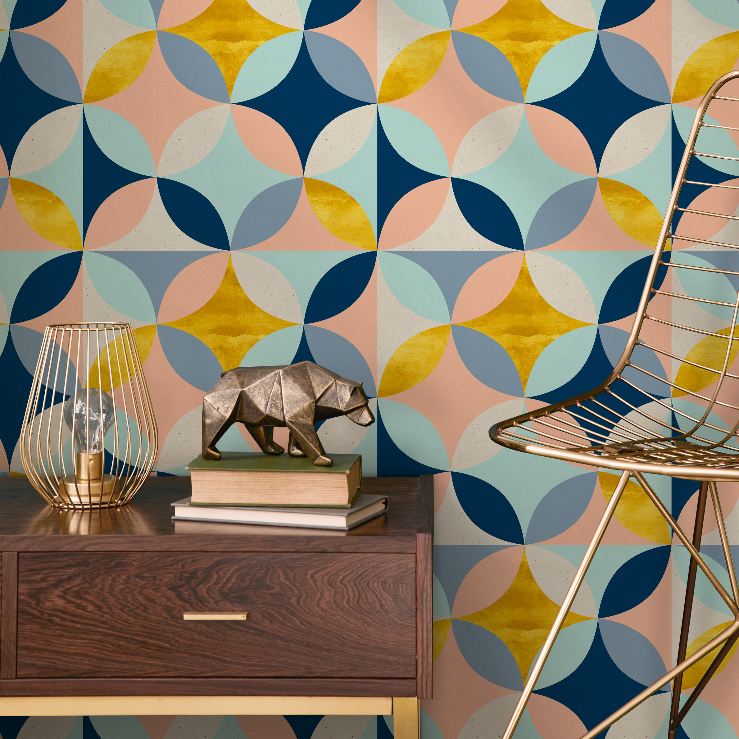 Geometric Wallpaper With A Tiled Star Motif In Blue, Gold, And Peach - B423